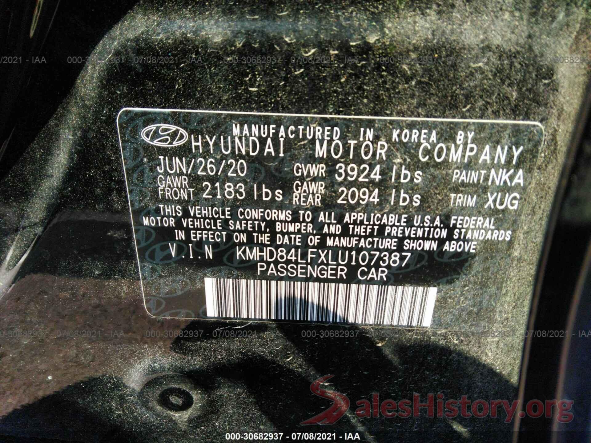 KMHD84LFXLU107387 2020 HYUNDAI ELANTRA