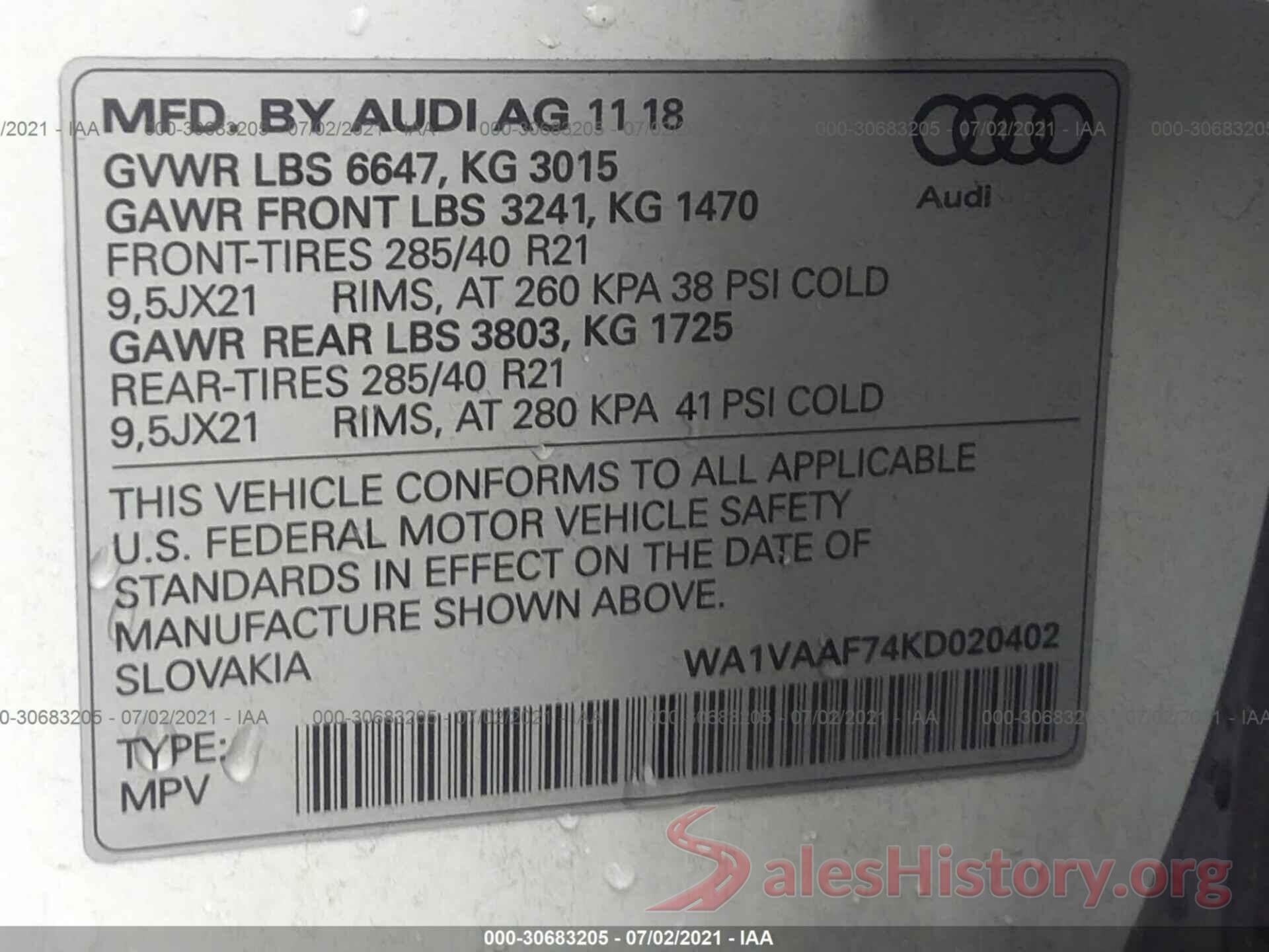 WA1VAAF74KD020402 2019 AUDI Q7