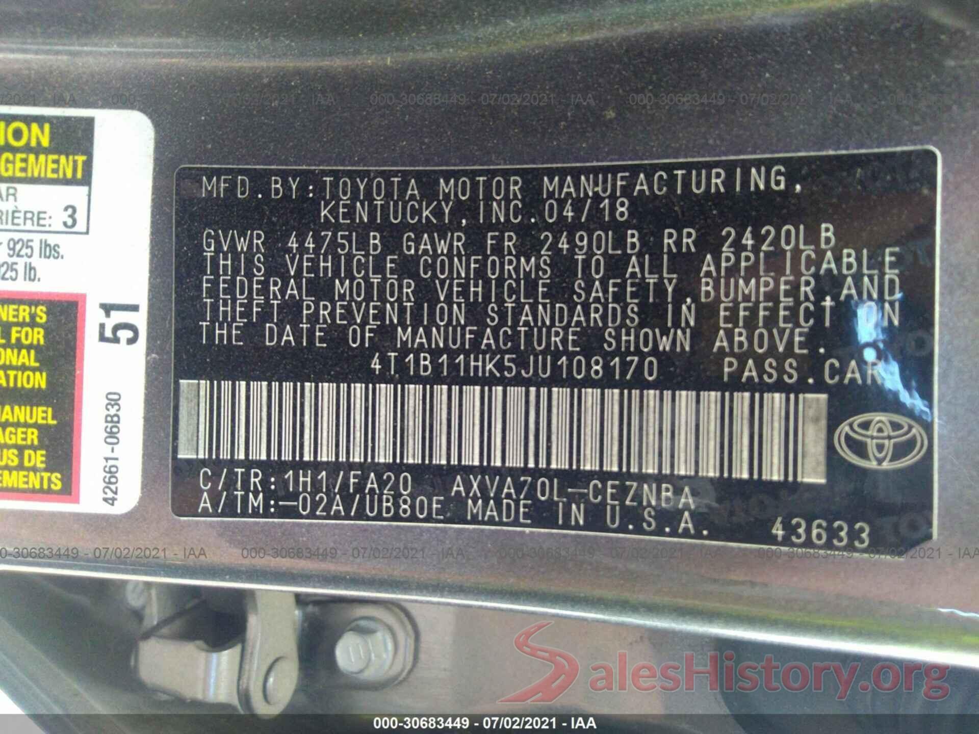 4T1B11HK5JU108170 2018 TOYOTA CAMRY