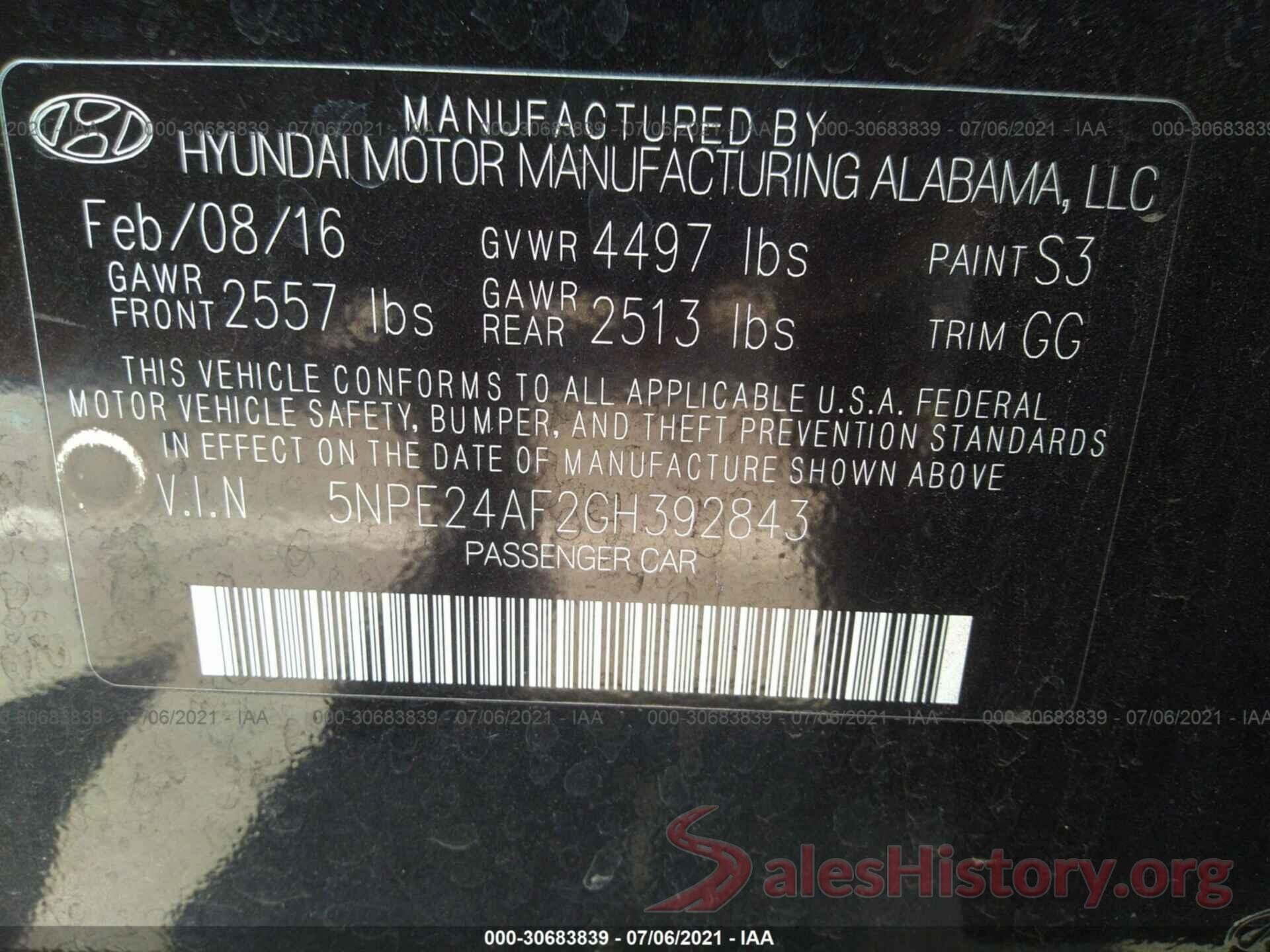 5NPE24AF2GH392843 2016 HYUNDAI SONATA