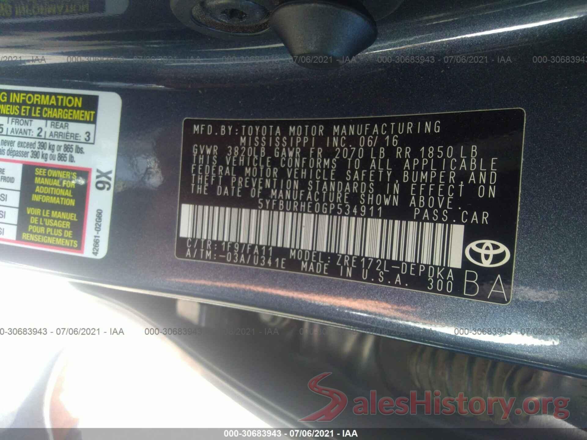 5YFBURHE0GP534911 2016 TOYOTA COROLLA