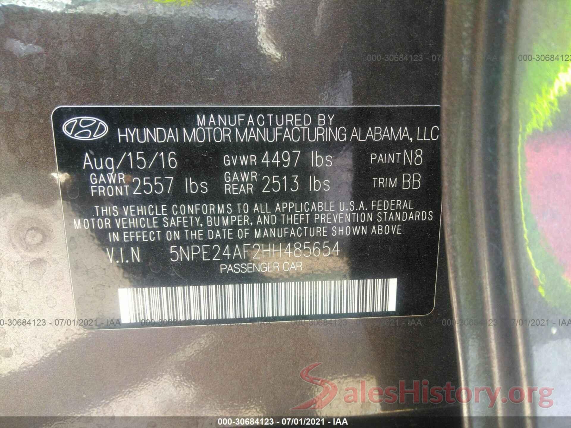 5NPE24AF2HH485654 2017 HYUNDAI SONATA