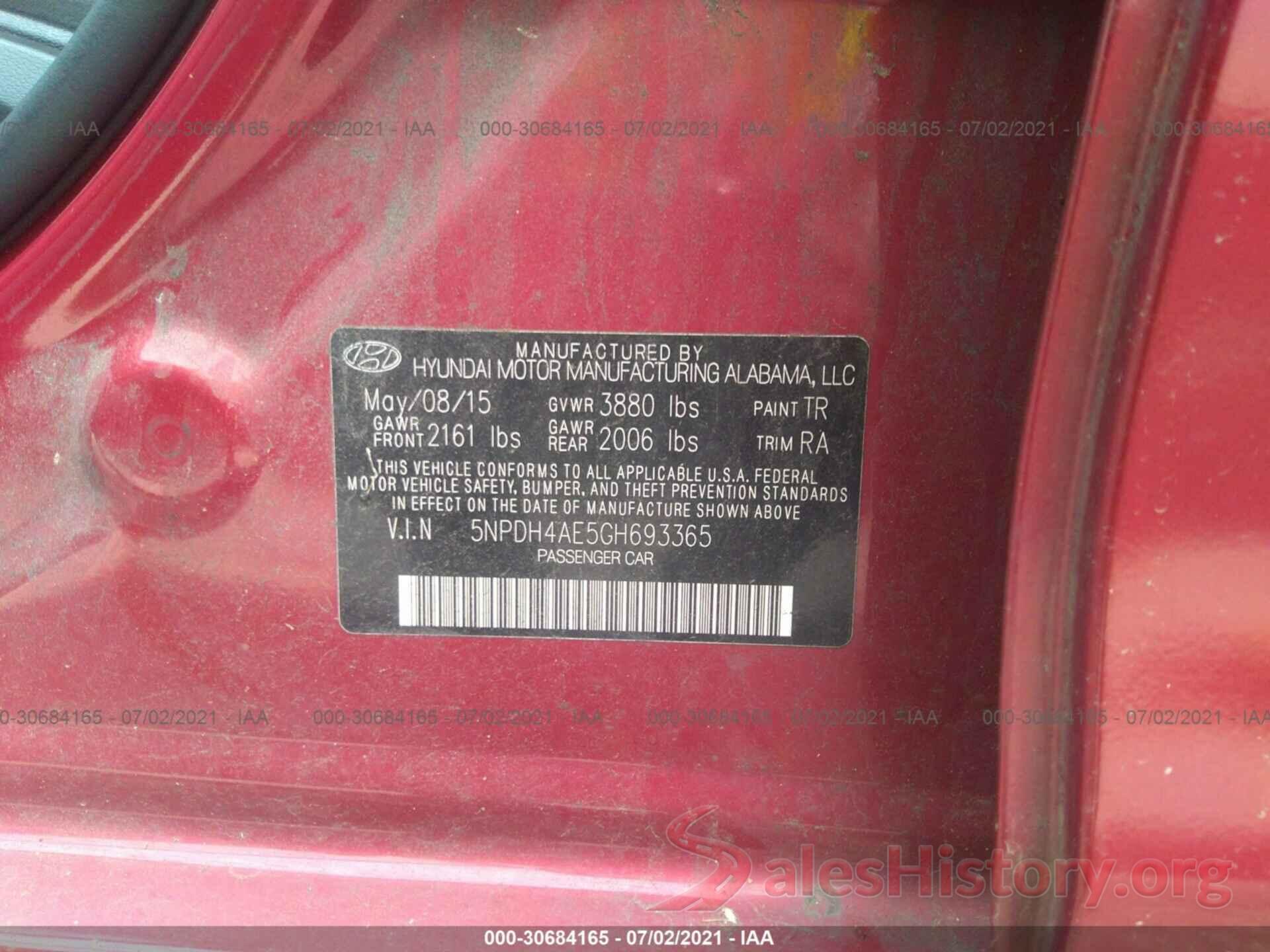 5NPDH4AE5GH693365 2016 HYUNDAI ELANTRA