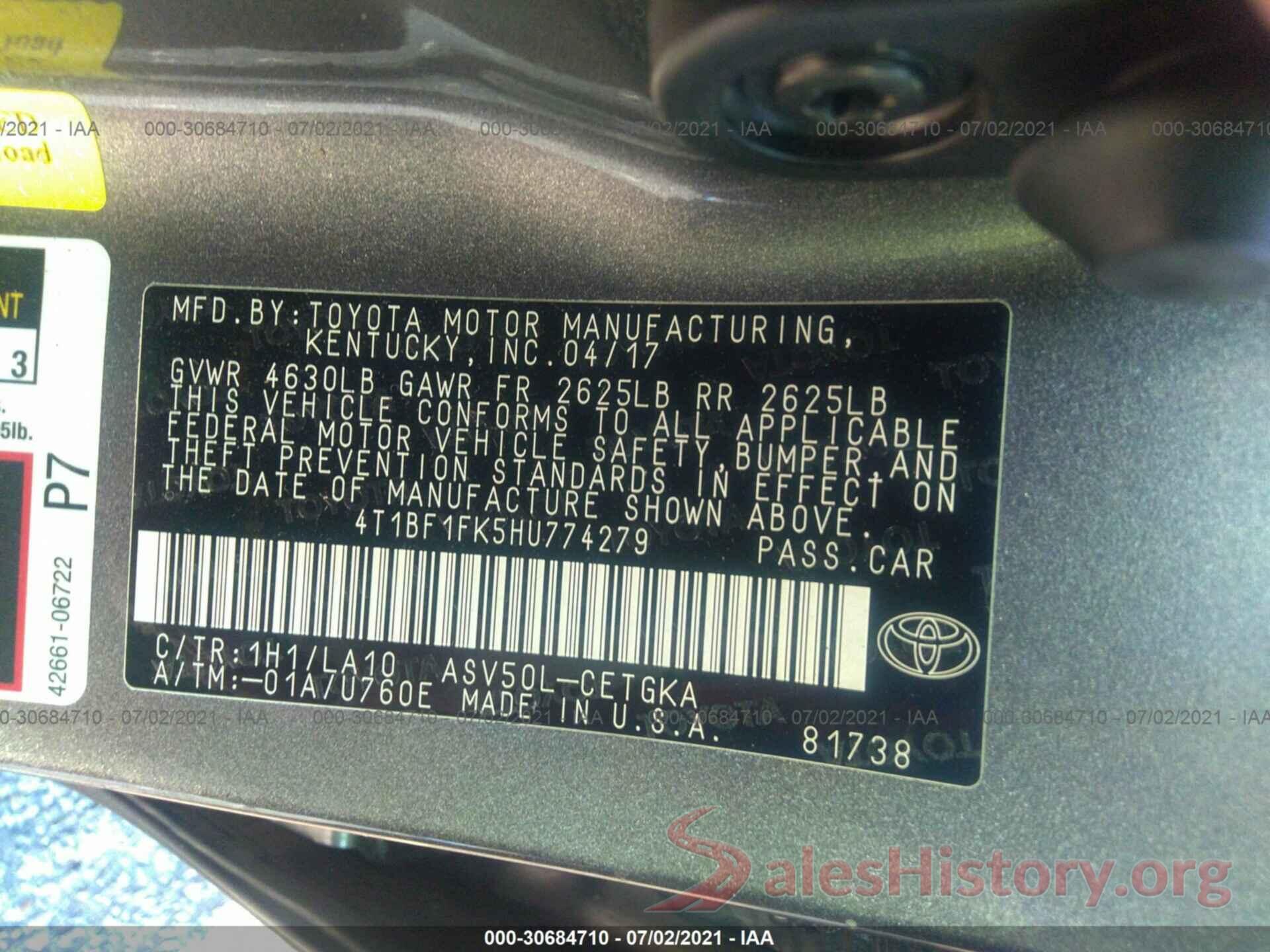 4T1BF1FK5HU774279 2017 TOYOTA CAMRY