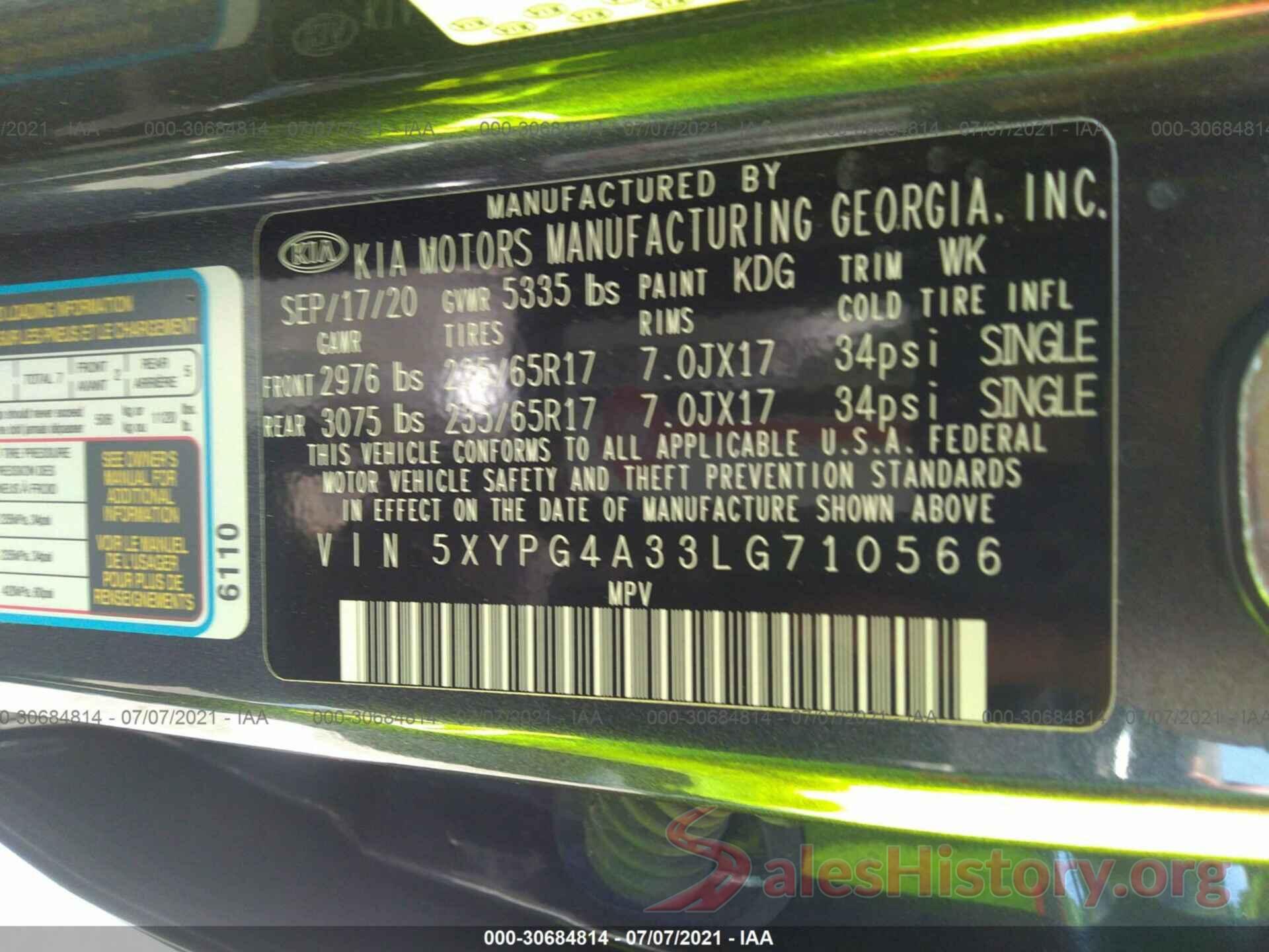 5XYPG4A33LG710566 2020 KIA SORENTO