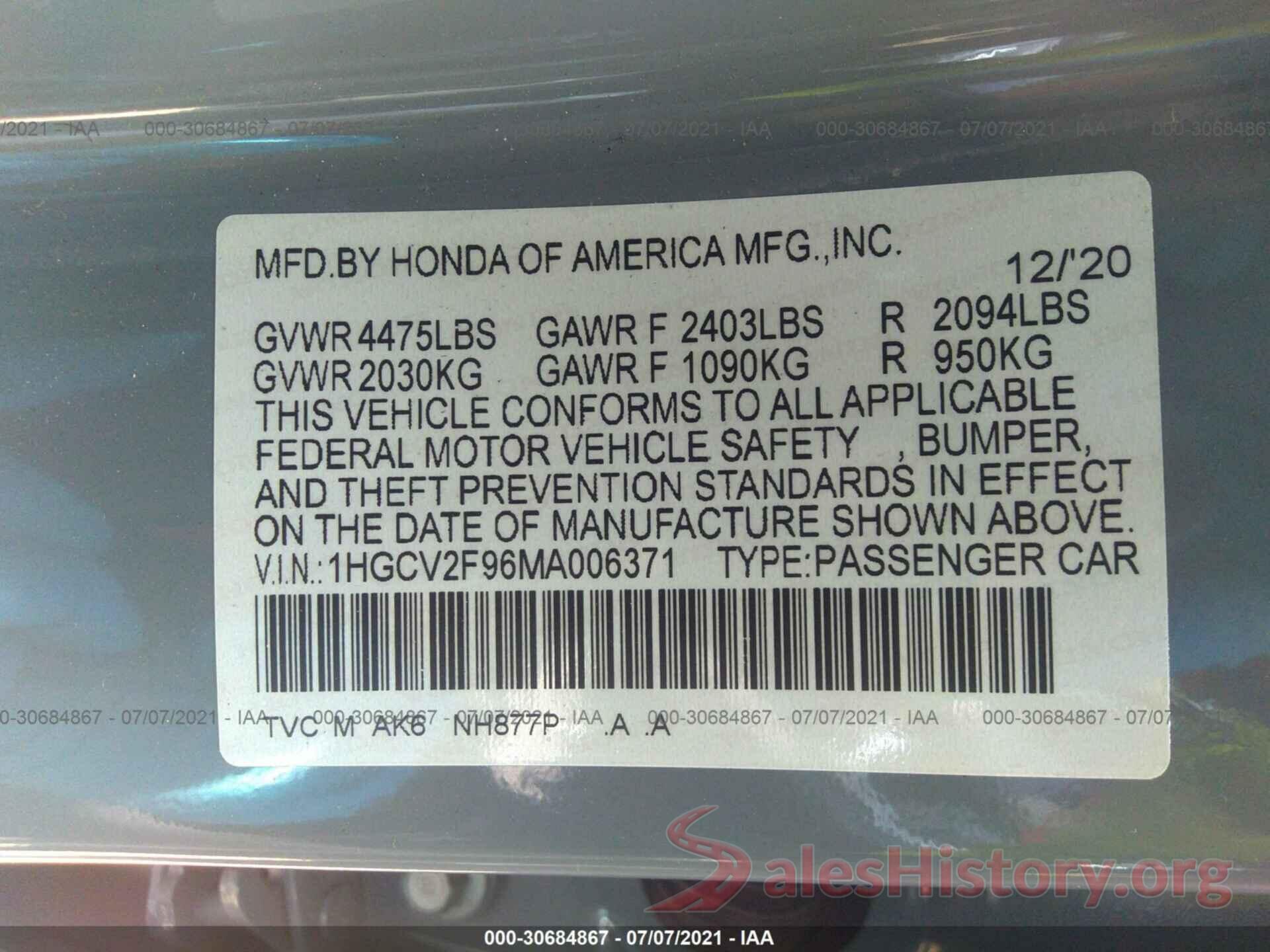 1HGCV2F96MA006371 2021 HONDA ACCORD SEDAN