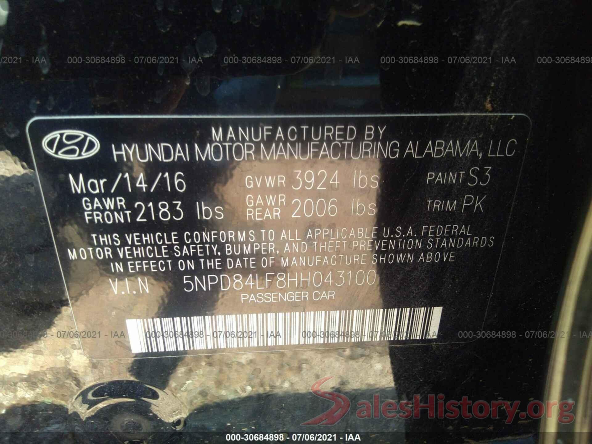 5NPD84LF8HH043100 2017 HYUNDAI ELANTRA