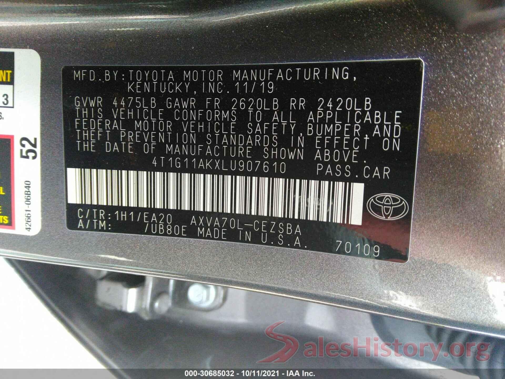 4T1G11AKXLU907610 2020 TOYOTA CAMRY