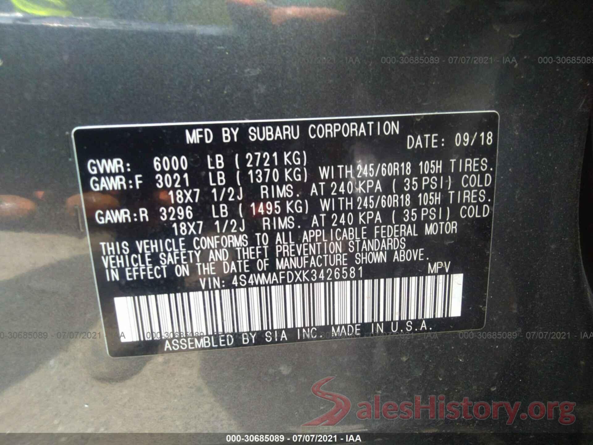 4S4WMAFDXK3426581 2019 SUBARU ASCENT