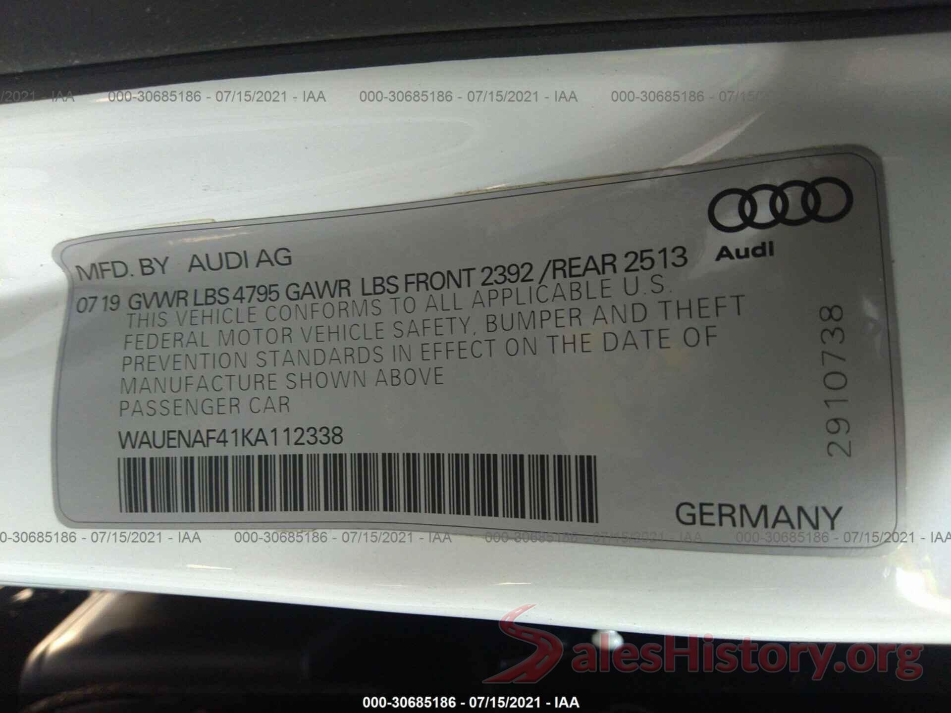 WAUENAF41KA112338 2019 AUDI A4