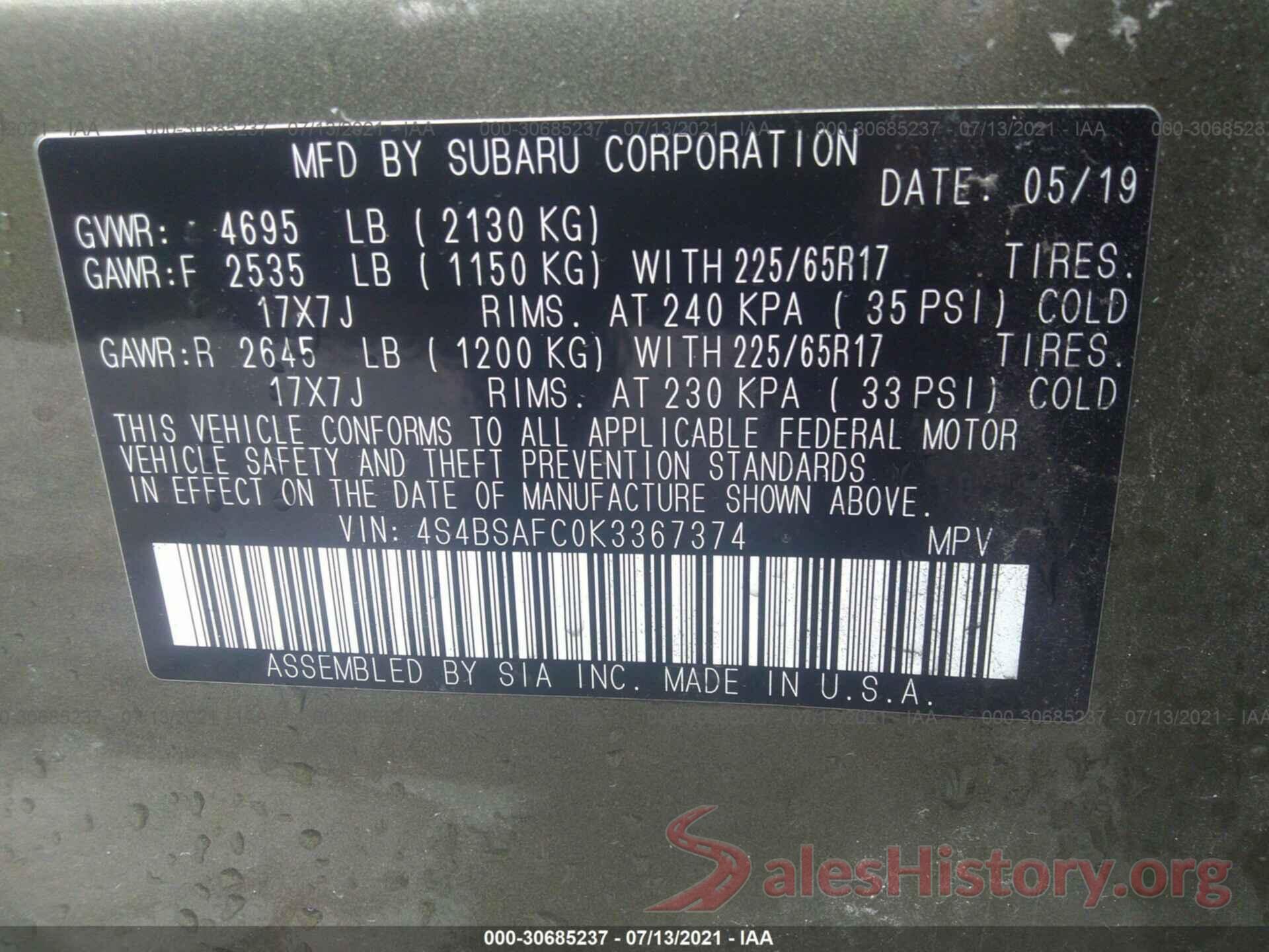 4S4BSAFC0K3367374 2019 SUBARU OUTBACK