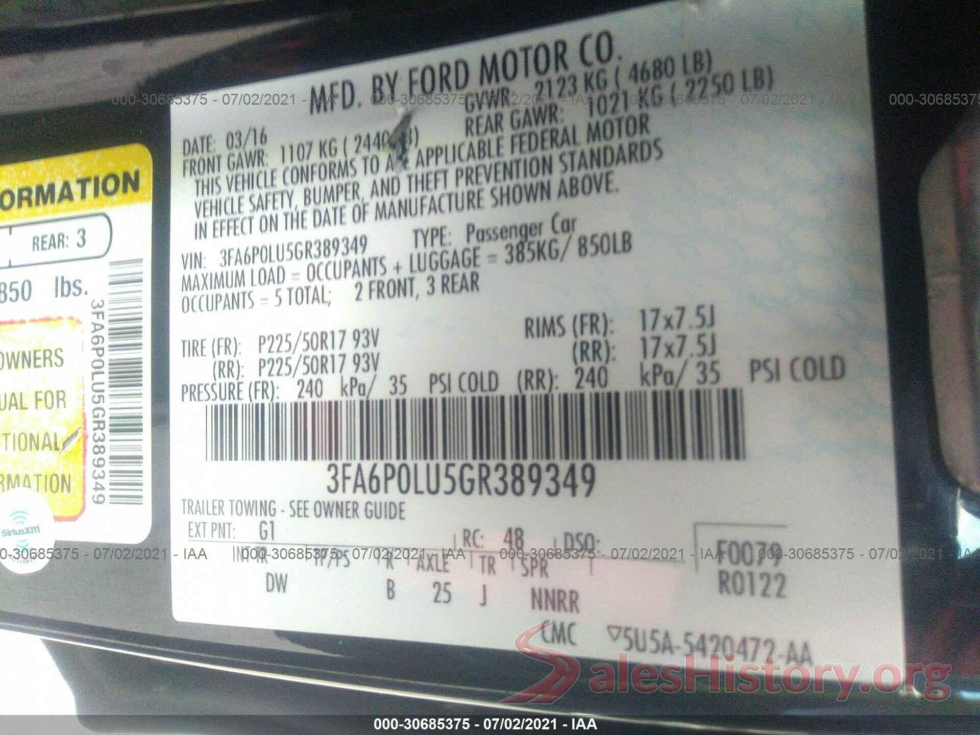 3FA6P0LU5GR389349 2016 FORD FUSION