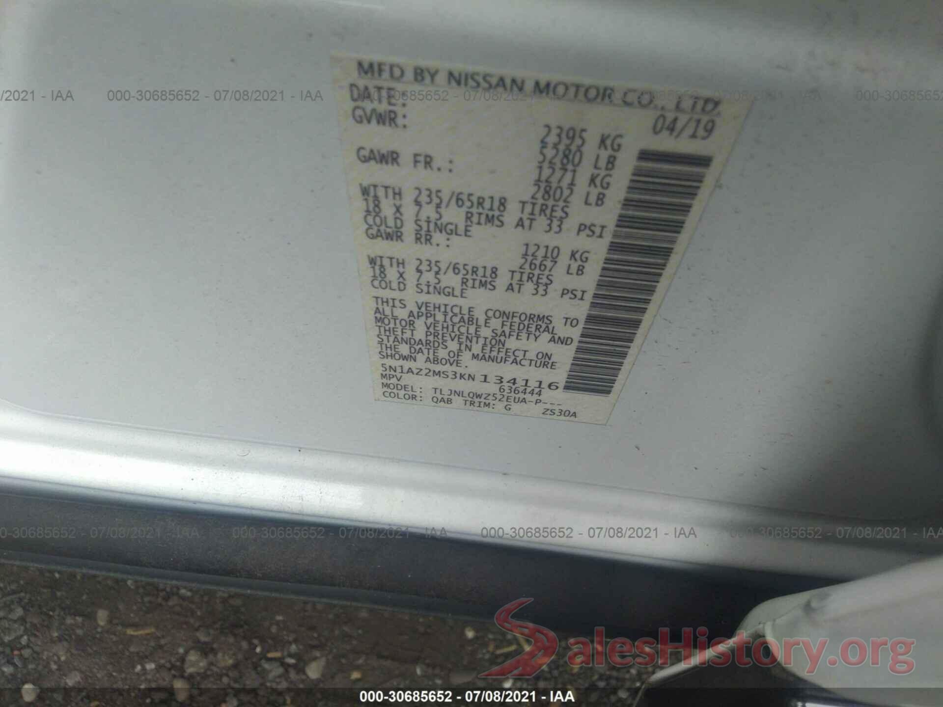 5N1AZ2MS3KN134116 2019 NISSAN MURANO