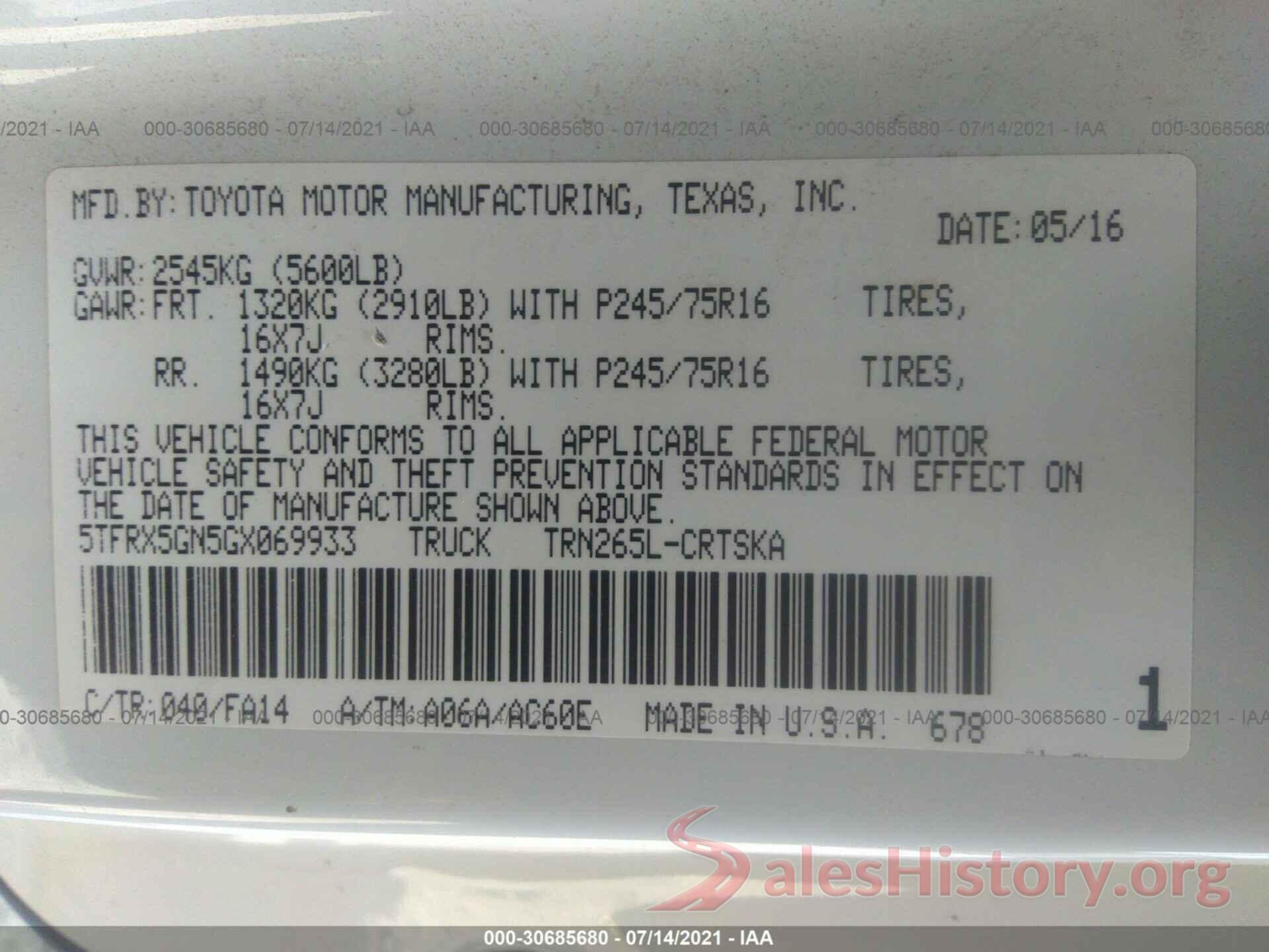 5TFRX5GN5GX069933 2016 TOYOTA TACOMA