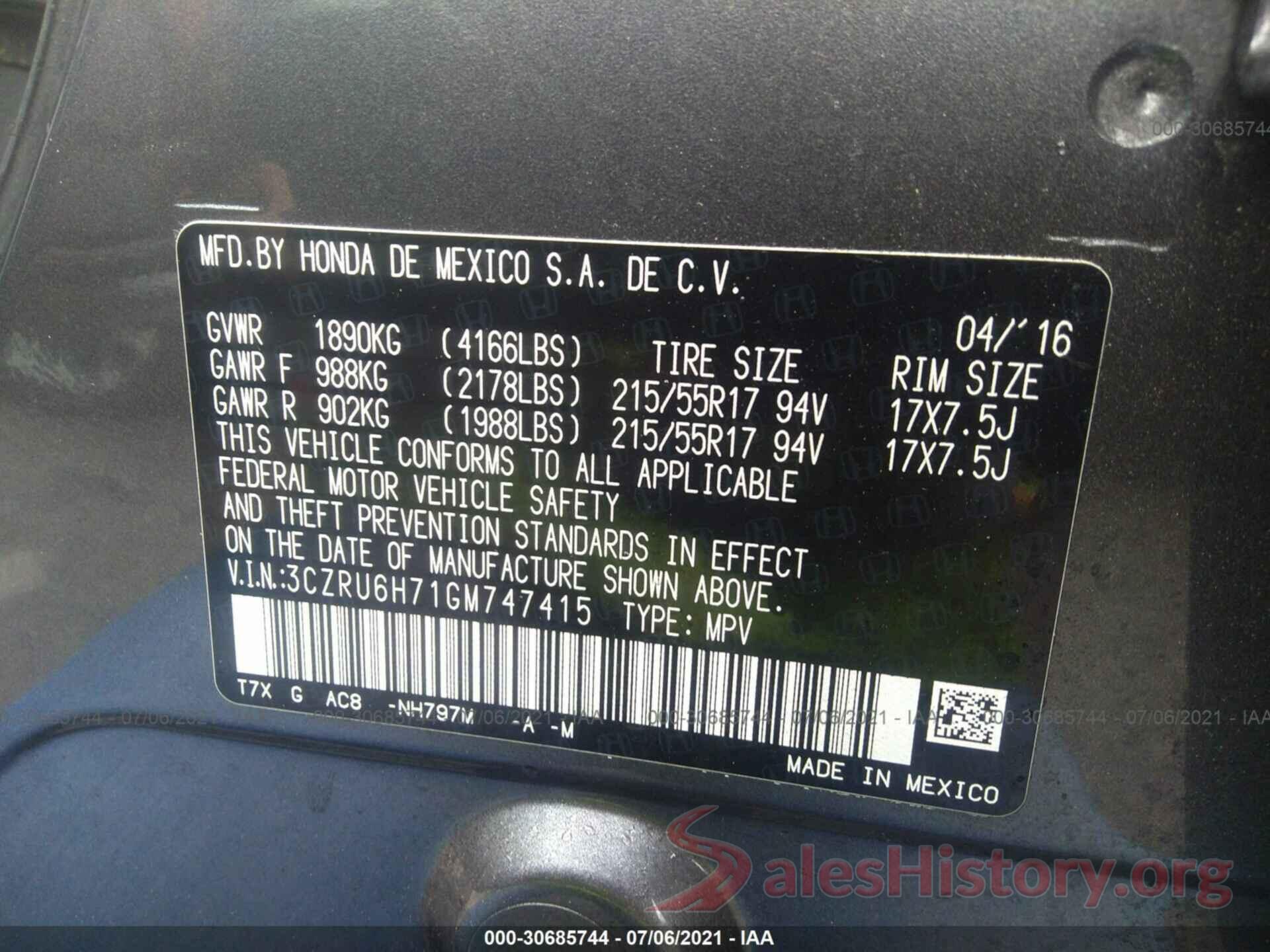 3CZRU6H71GM747415 2016 HONDA HR-V