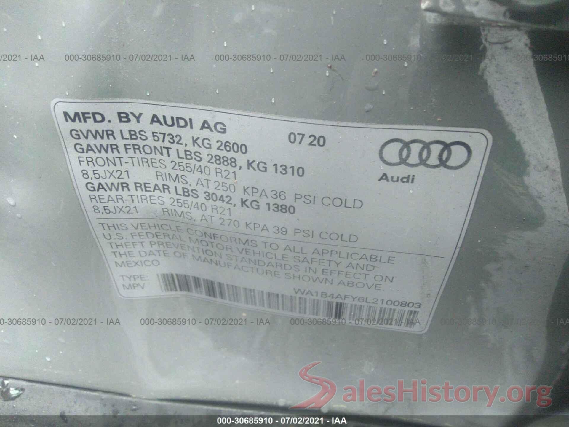 WA1B4AFY6L2100803 2020 AUDI SQ5