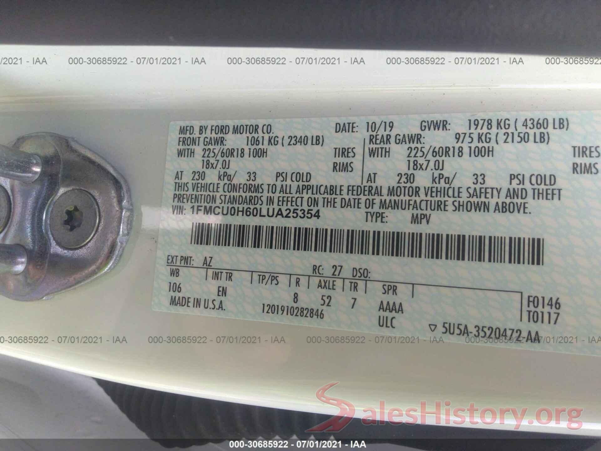 1FMCU0H60LUA25354 2020 FORD ESCAPE