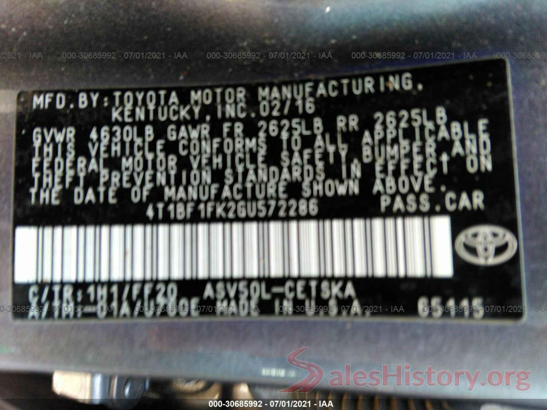 4T1BF1FK2GU572286 2016 TOYOTA CAMRY