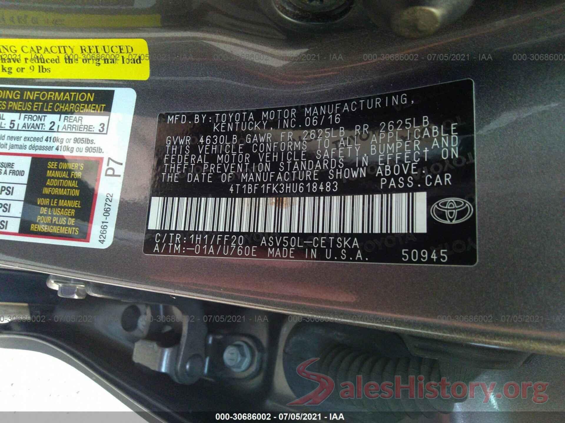 4T1BF1FK3HU618483 2017 TOYOTA CAMRY