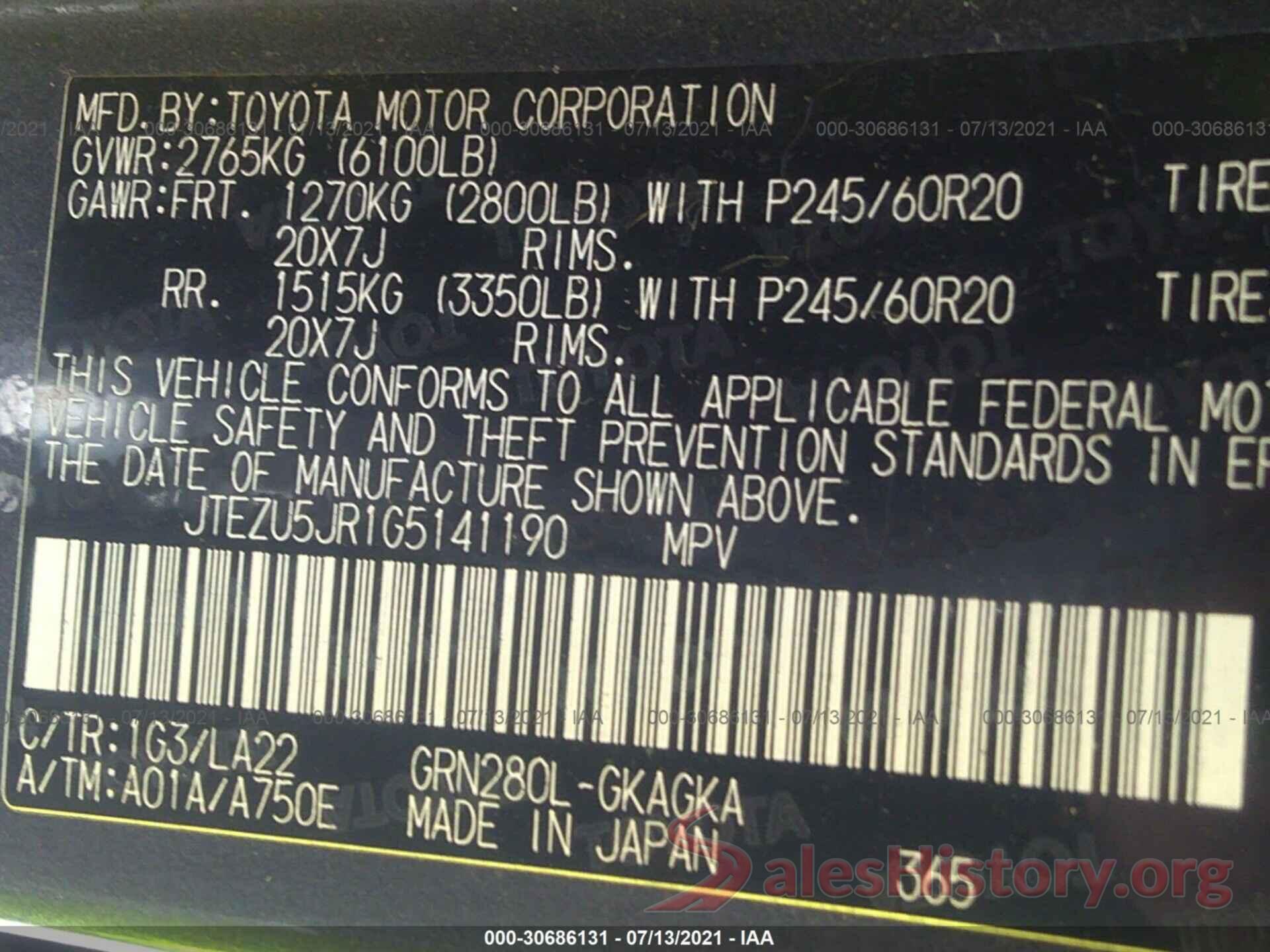 JTEZU5JR1G5141190 2016 TOYOTA 4RUNNER