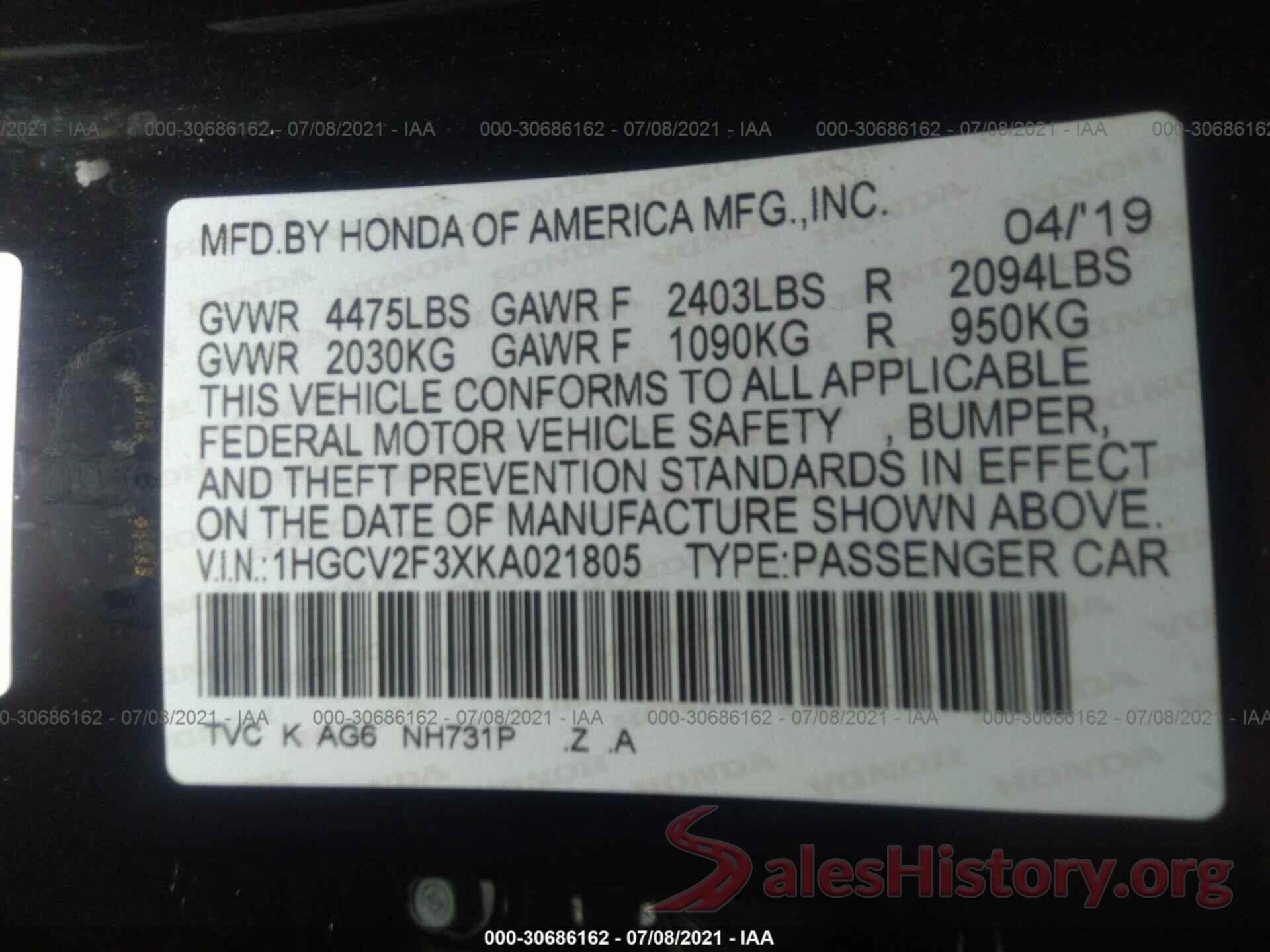 1HGCV2F3XKA021805 2019 HONDA ACCORD SEDAN