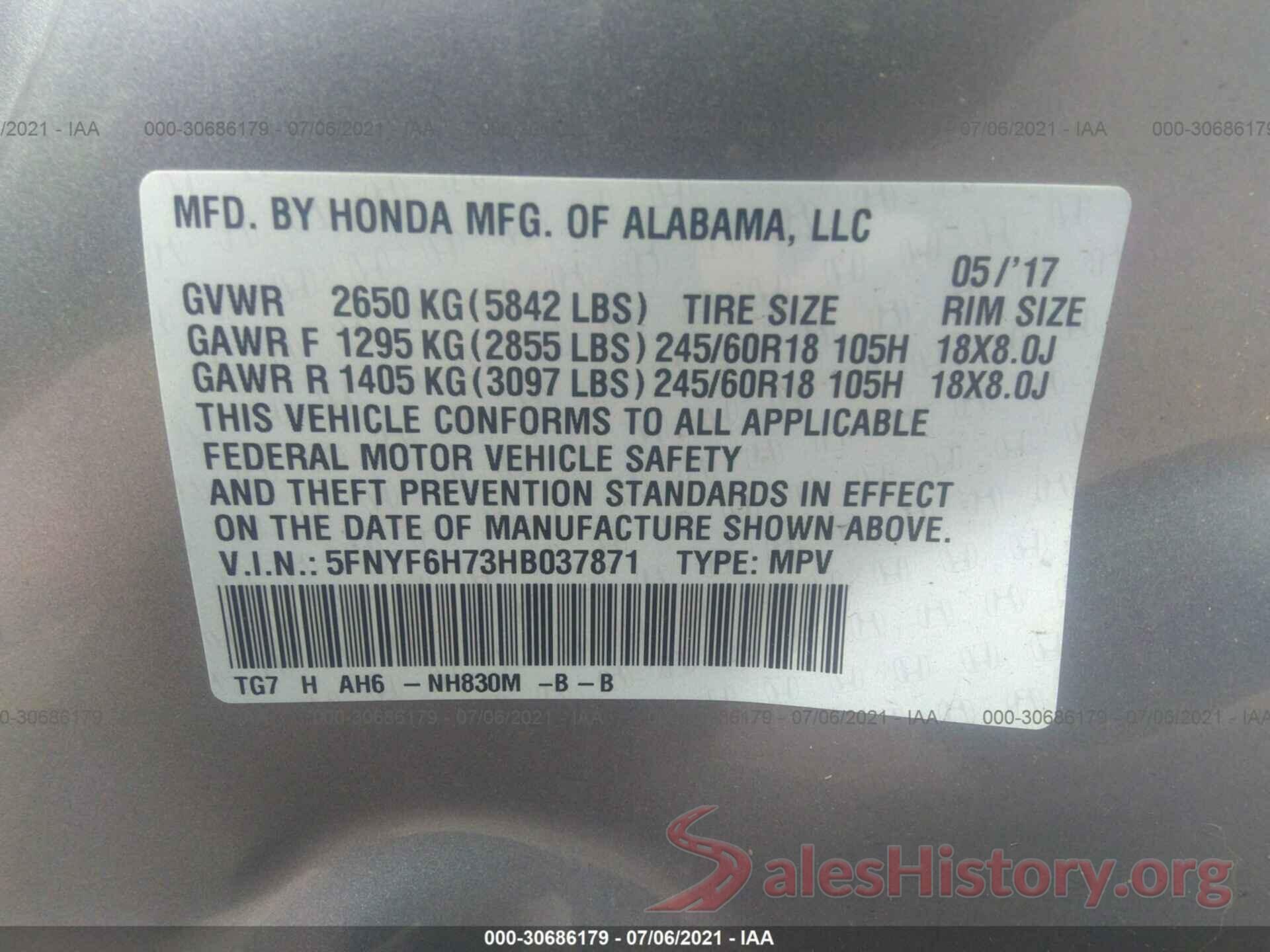 5FNYF6H73HB037871 2017 HONDA PILOT