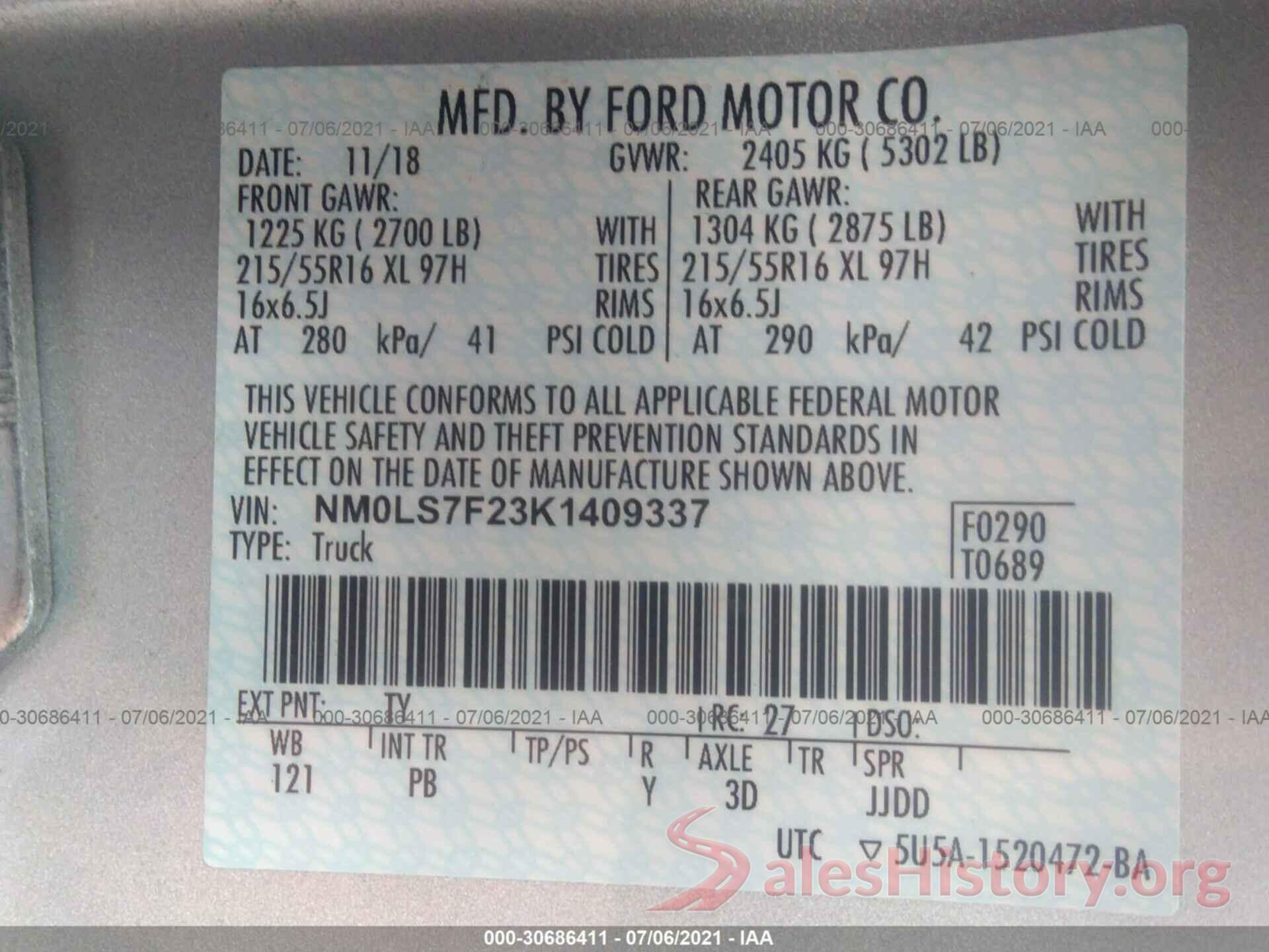 NM0LS7F23K1409337 2019 FORD TRANSIT CONNECT VAN