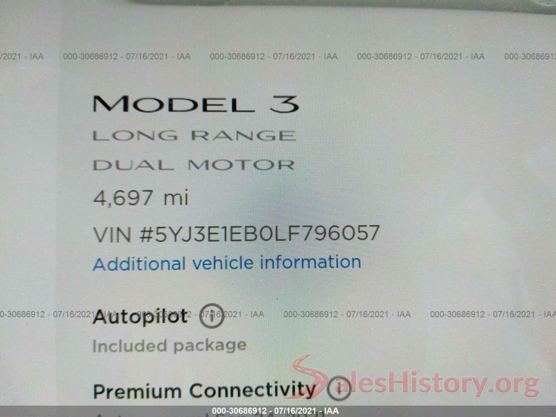 5YJ3E1EB0LF796057 2020 TESLA MODEL 3