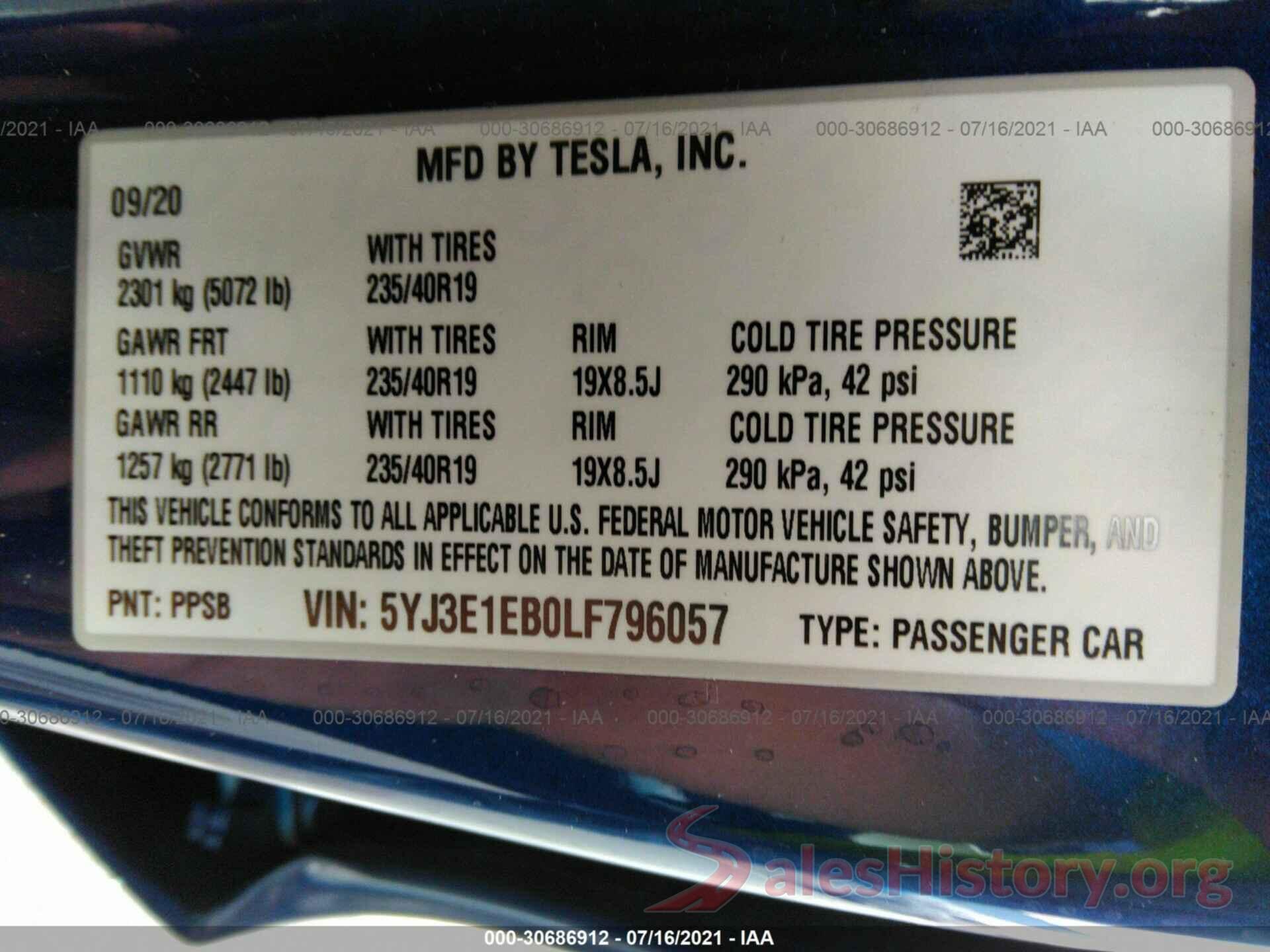 5YJ3E1EB0LF796057 2020 TESLA MODEL 3