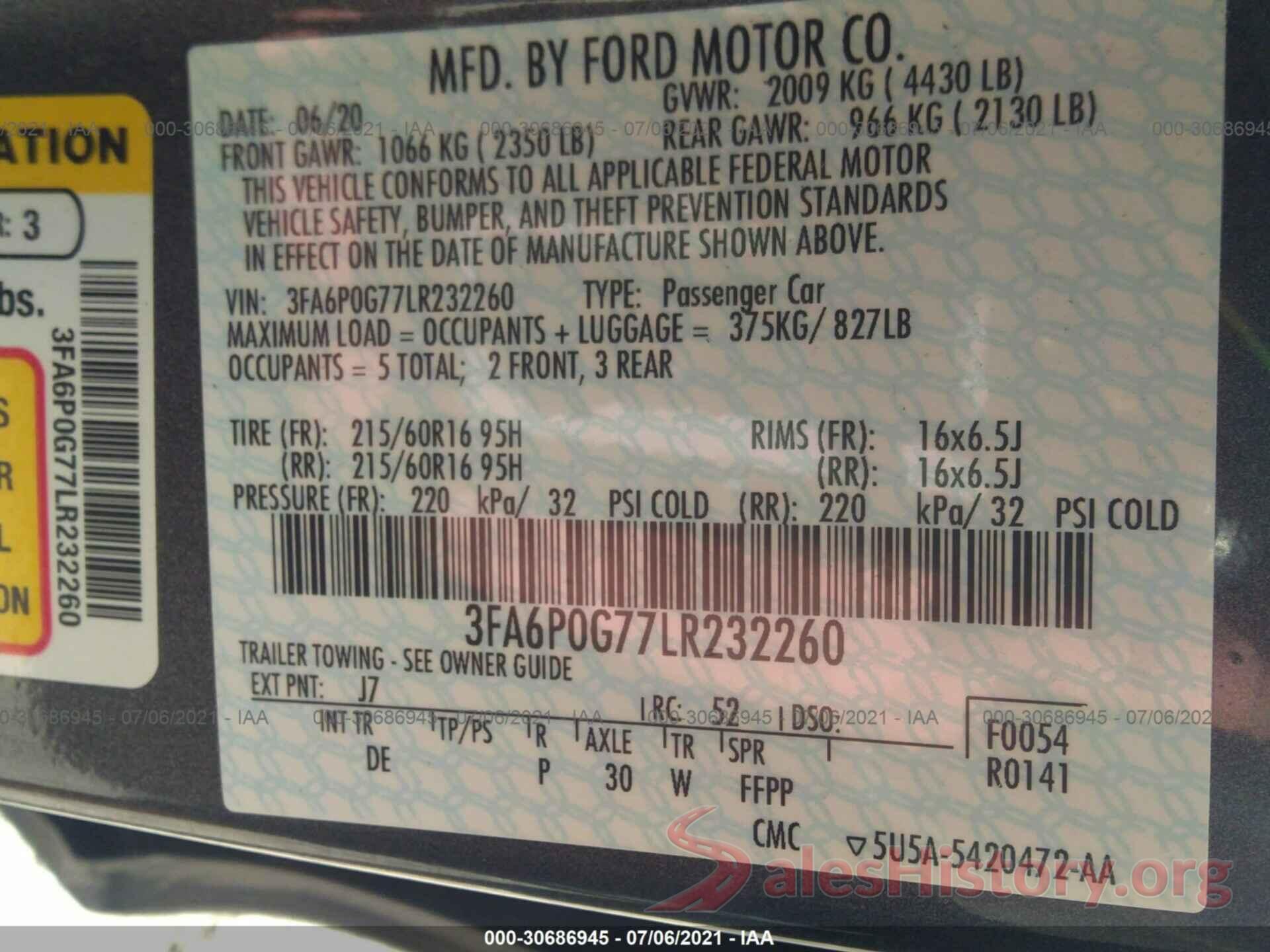 3FA6P0G77LR232260 2020 FORD FUSION