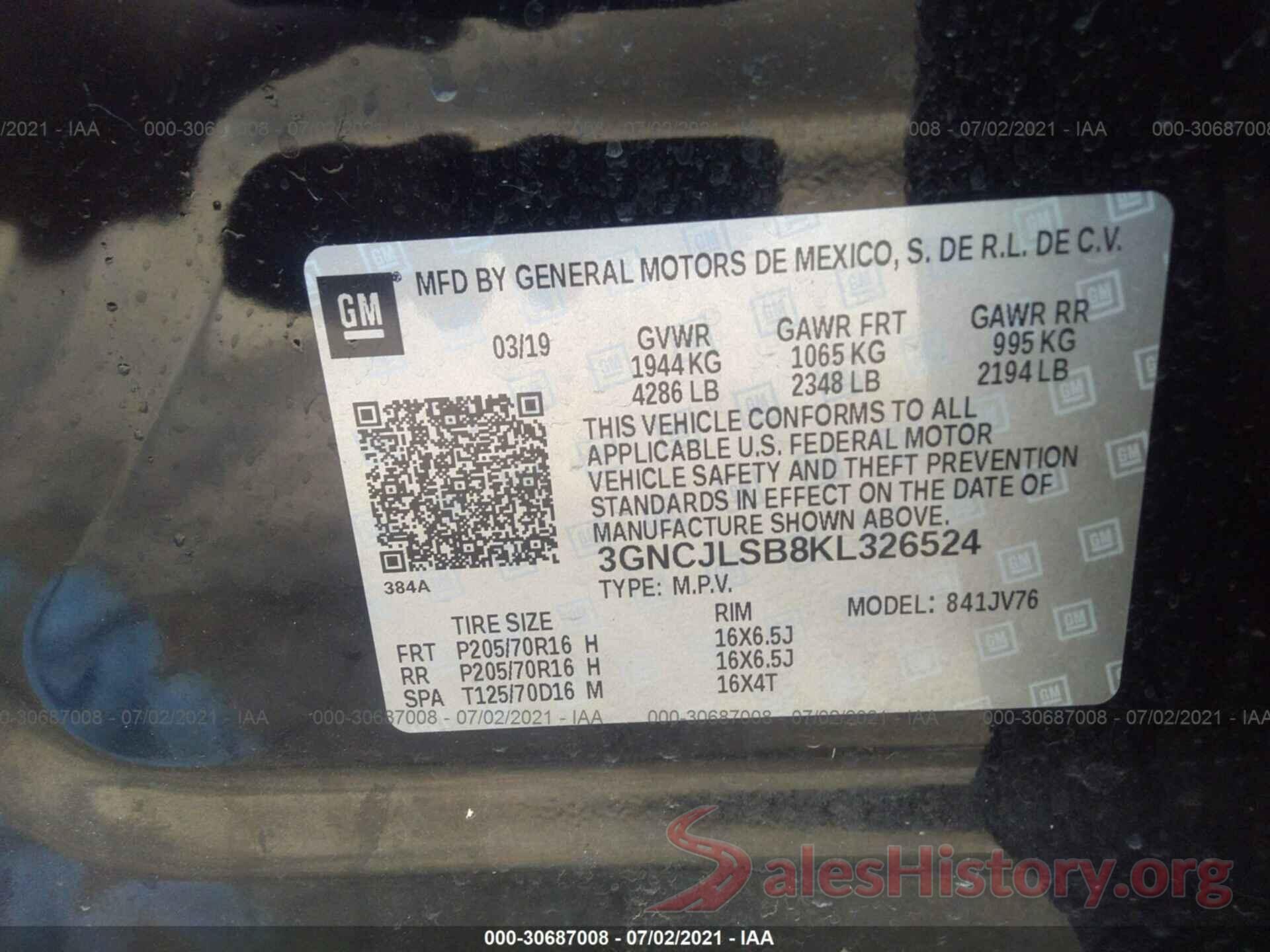 3GNCJLSB8KL326524 2019 CHEVROLET TRAX