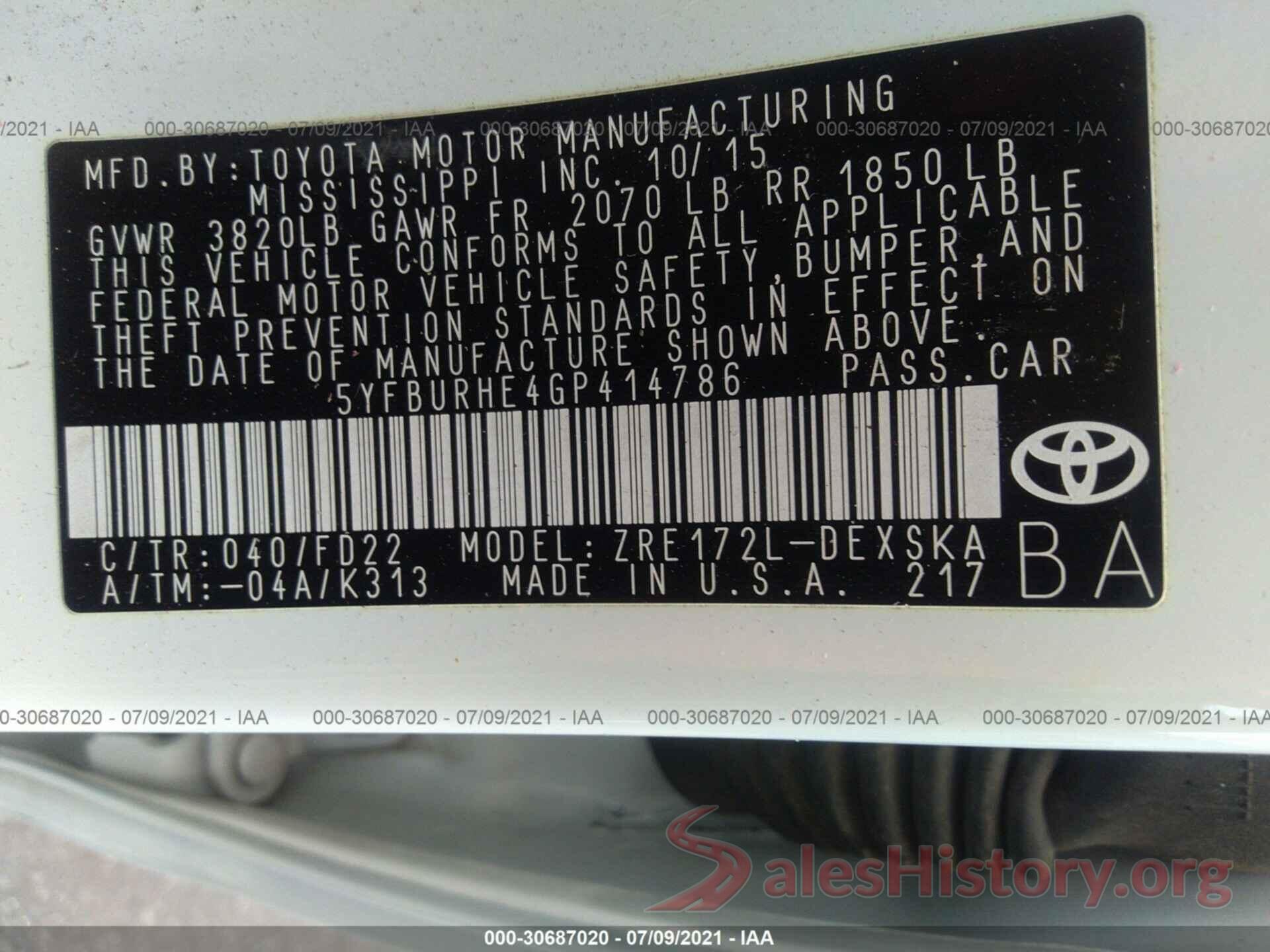 5YFBURHE4GP414786 2016 TOYOTA COROLLA