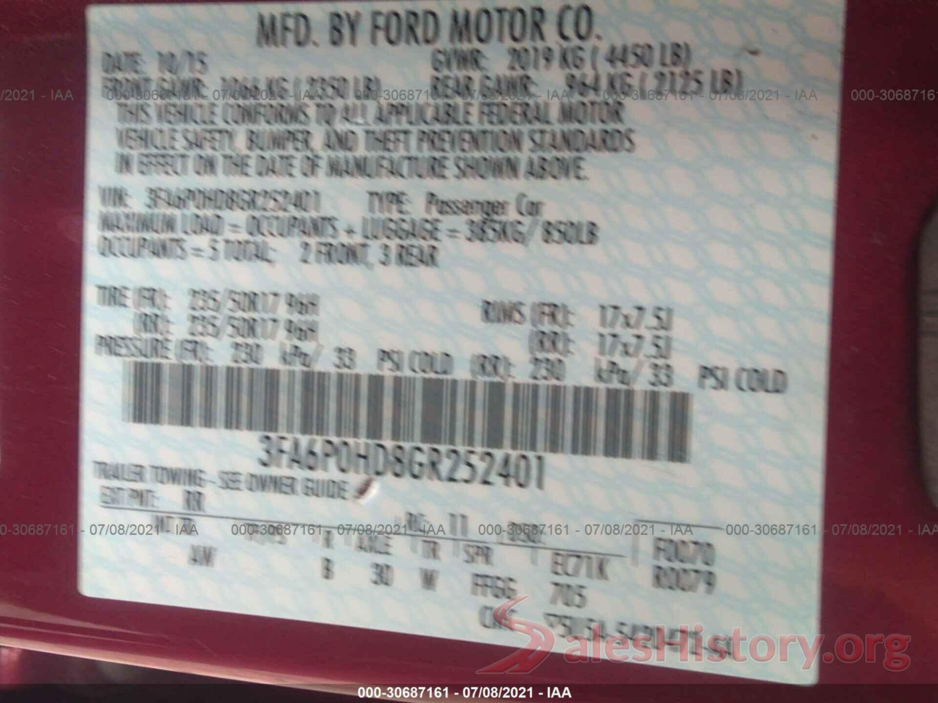 3FA6P0HD8GR252401 2016 FORD FUSION