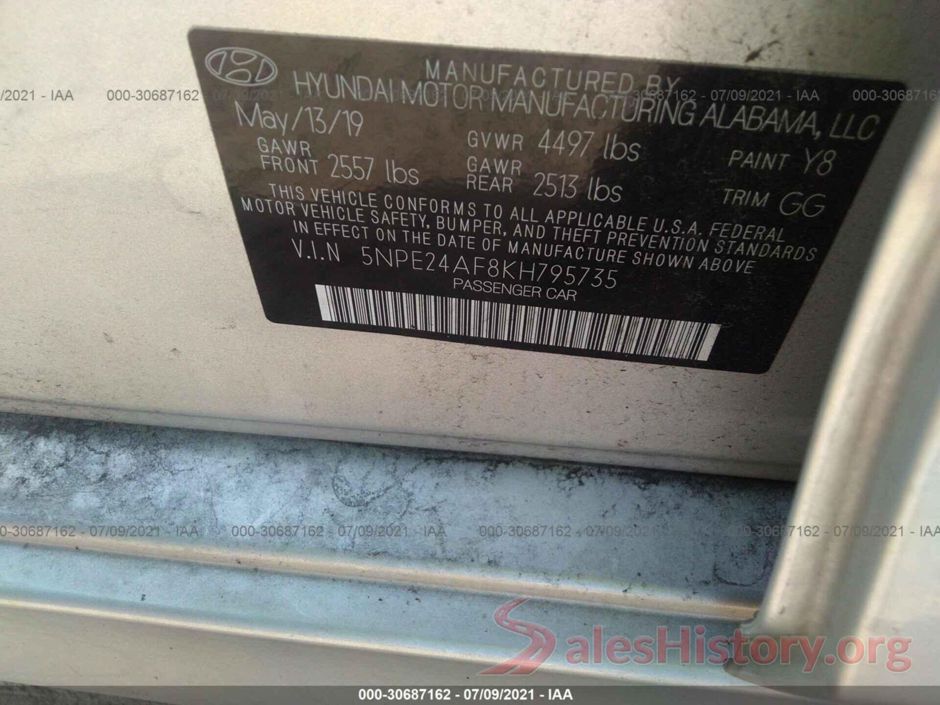 5NPE24AF8KH795735 2019 HYUNDAI SONATA