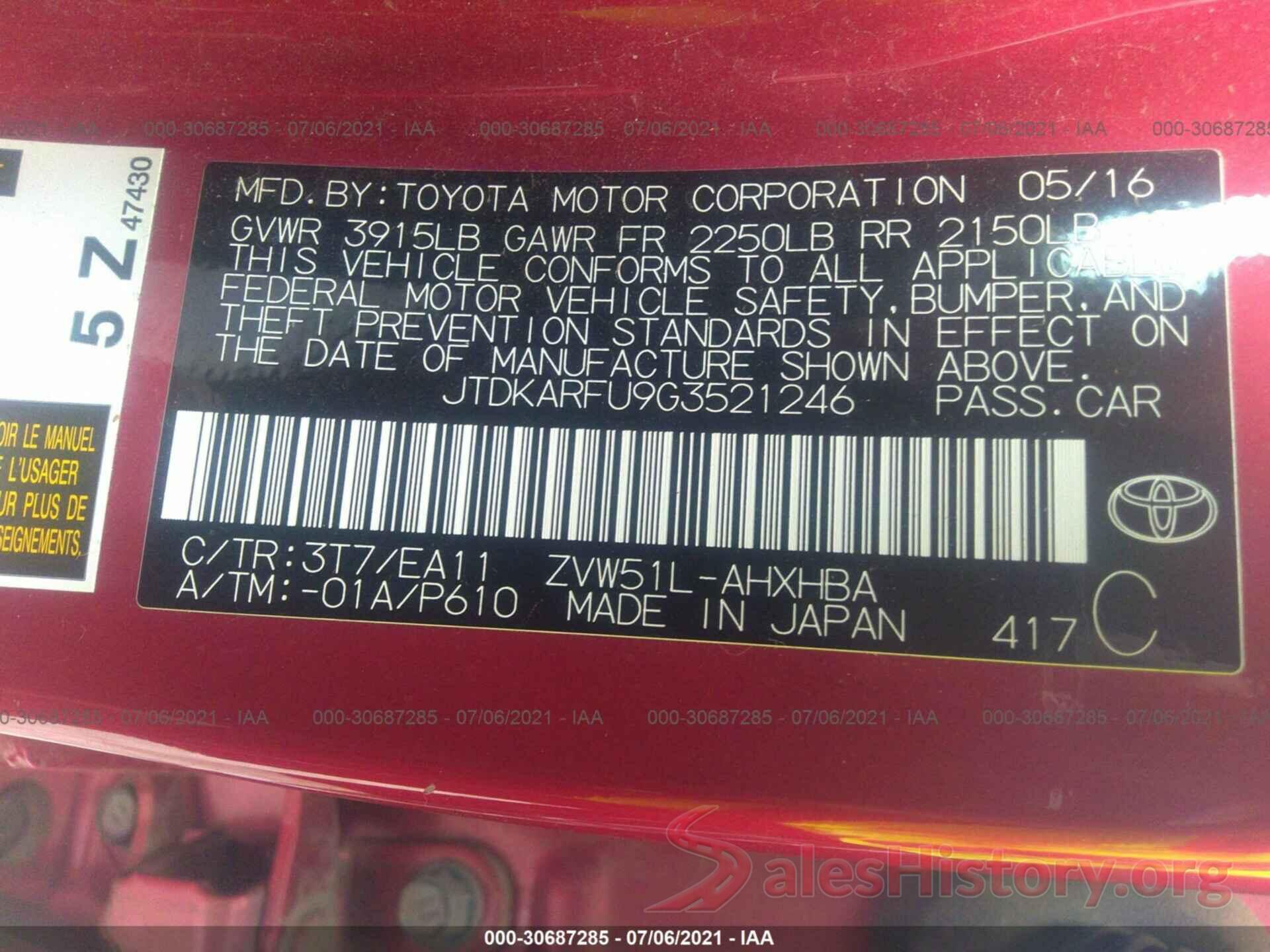 JTDKARFU9G3521246 2016 TOYOTA PRIUS