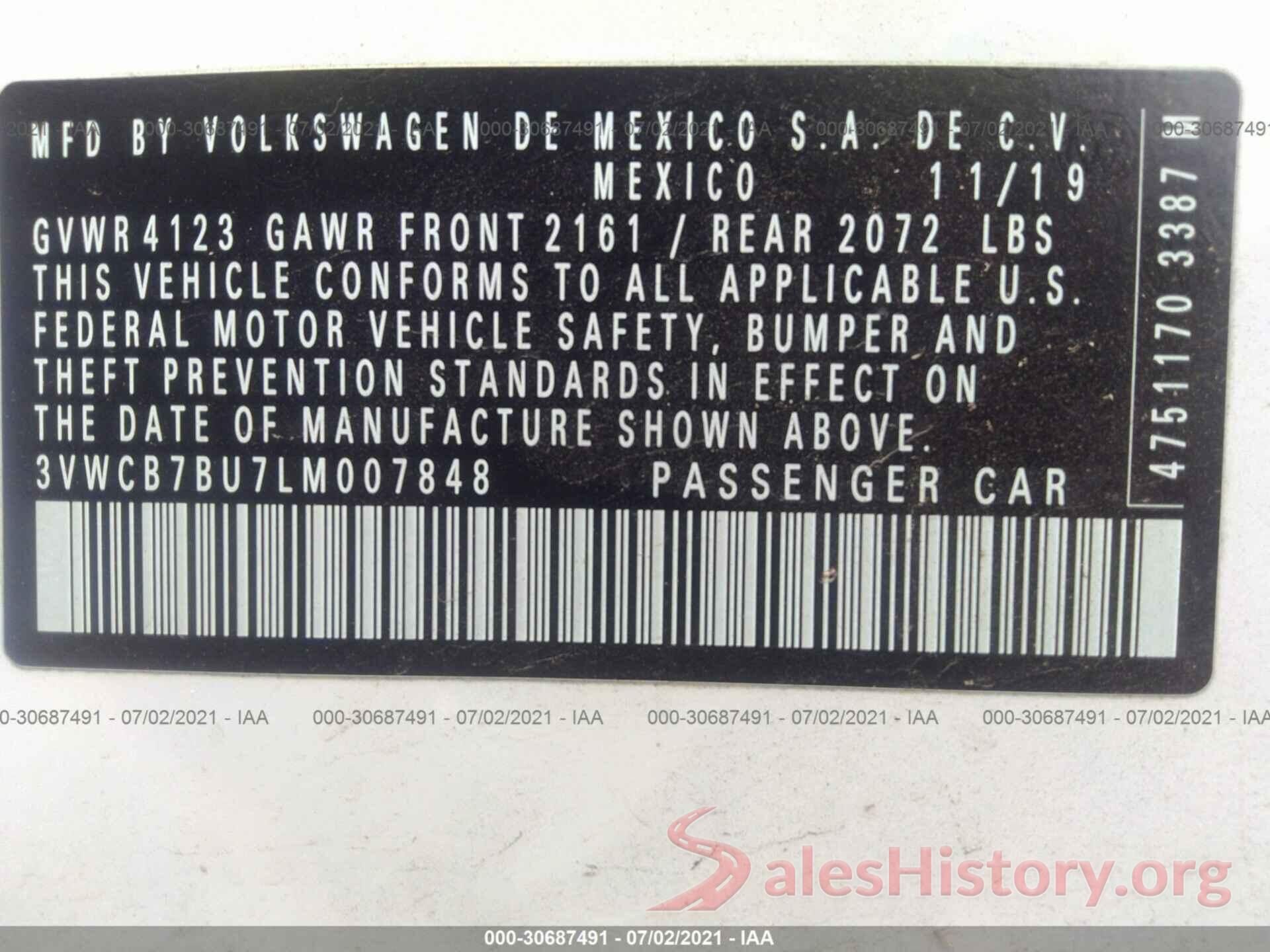 3VWCB7BU7LM007848 2020 VOLKSWAGEN JETTA