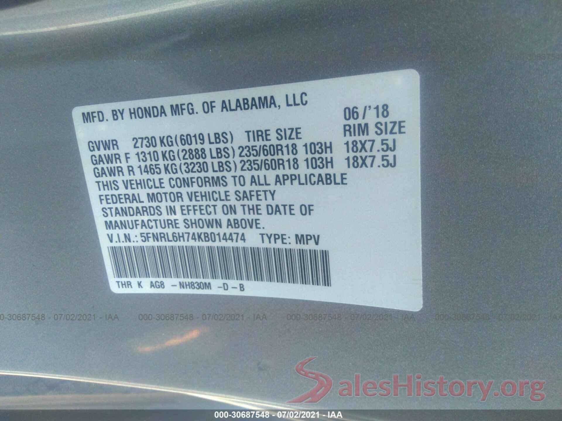 5FNRL6H74KB014474 2019 HONDA ODYSSEY