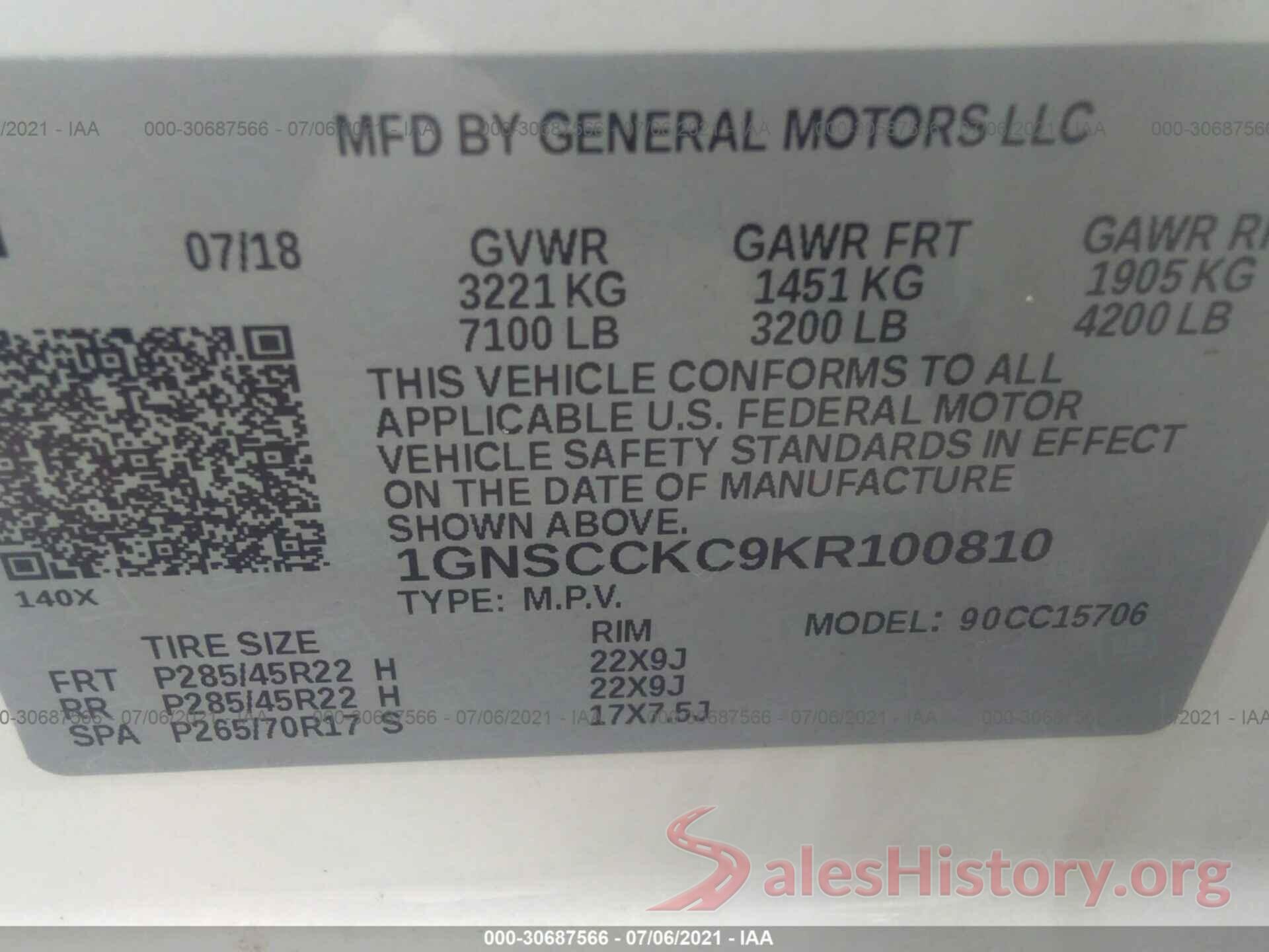 1GNSCCKC9KR100810 2019 CHEVROLET TAHOE