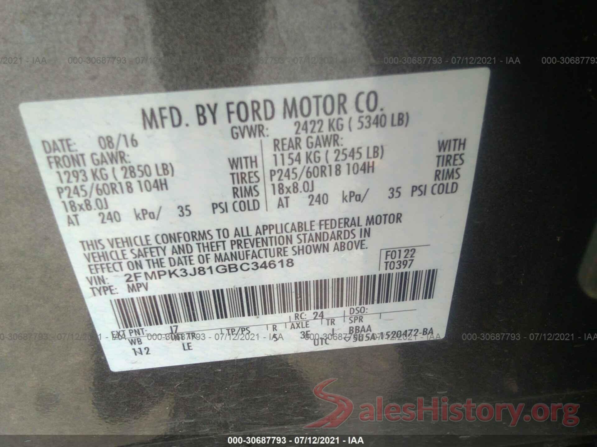 2FMPK3J81GBC34618 2016 FORD EDGE