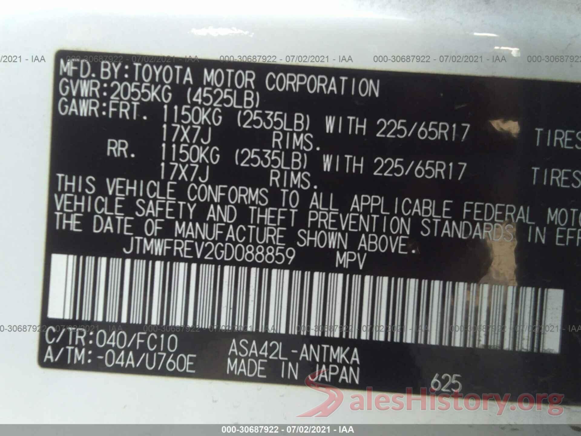 JTMWFREV2GD088859 2016 TOYOTA RAV4