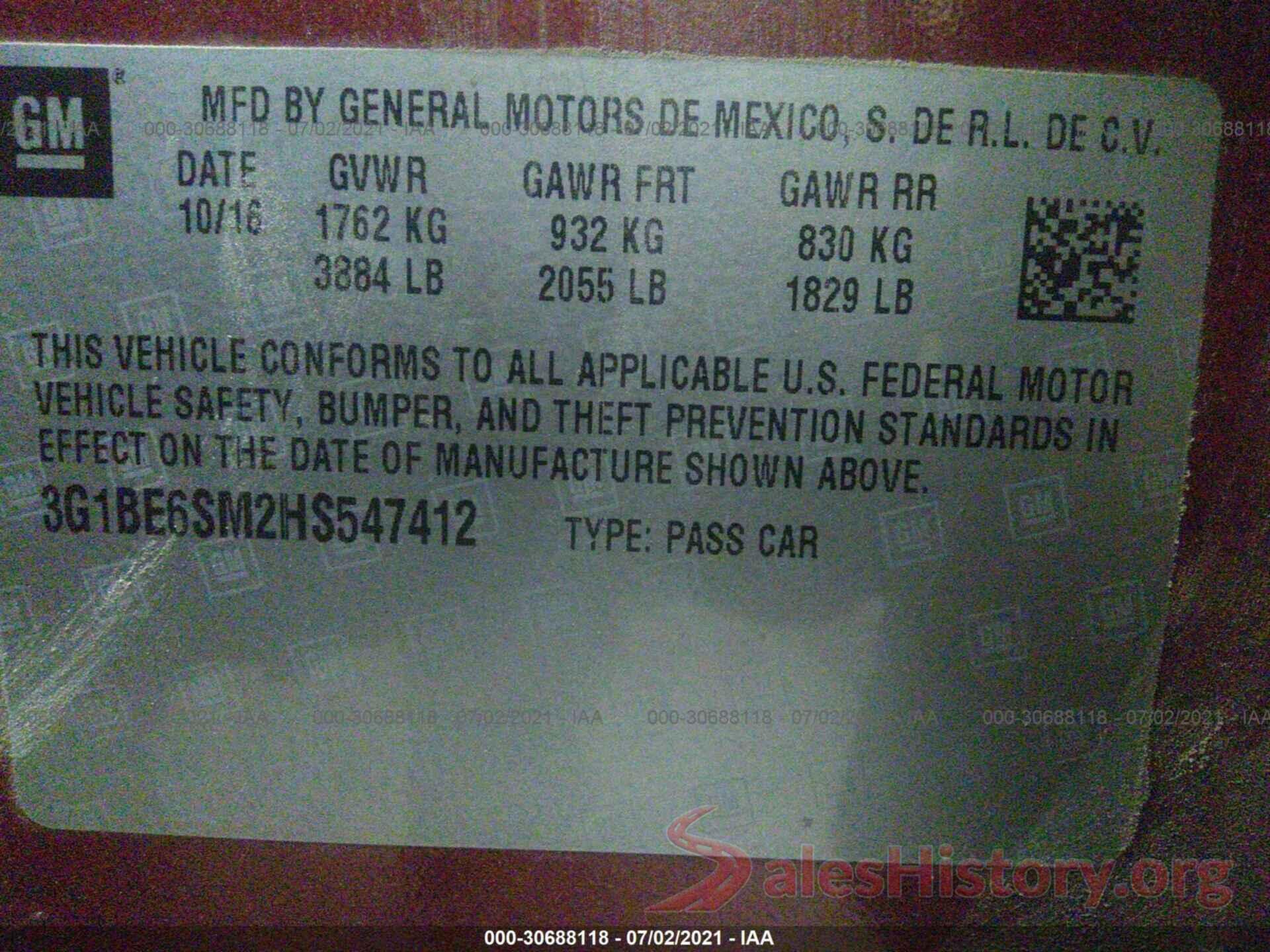 3G1BE6SM2HS547412 2017 CHEVROLET CRUZE