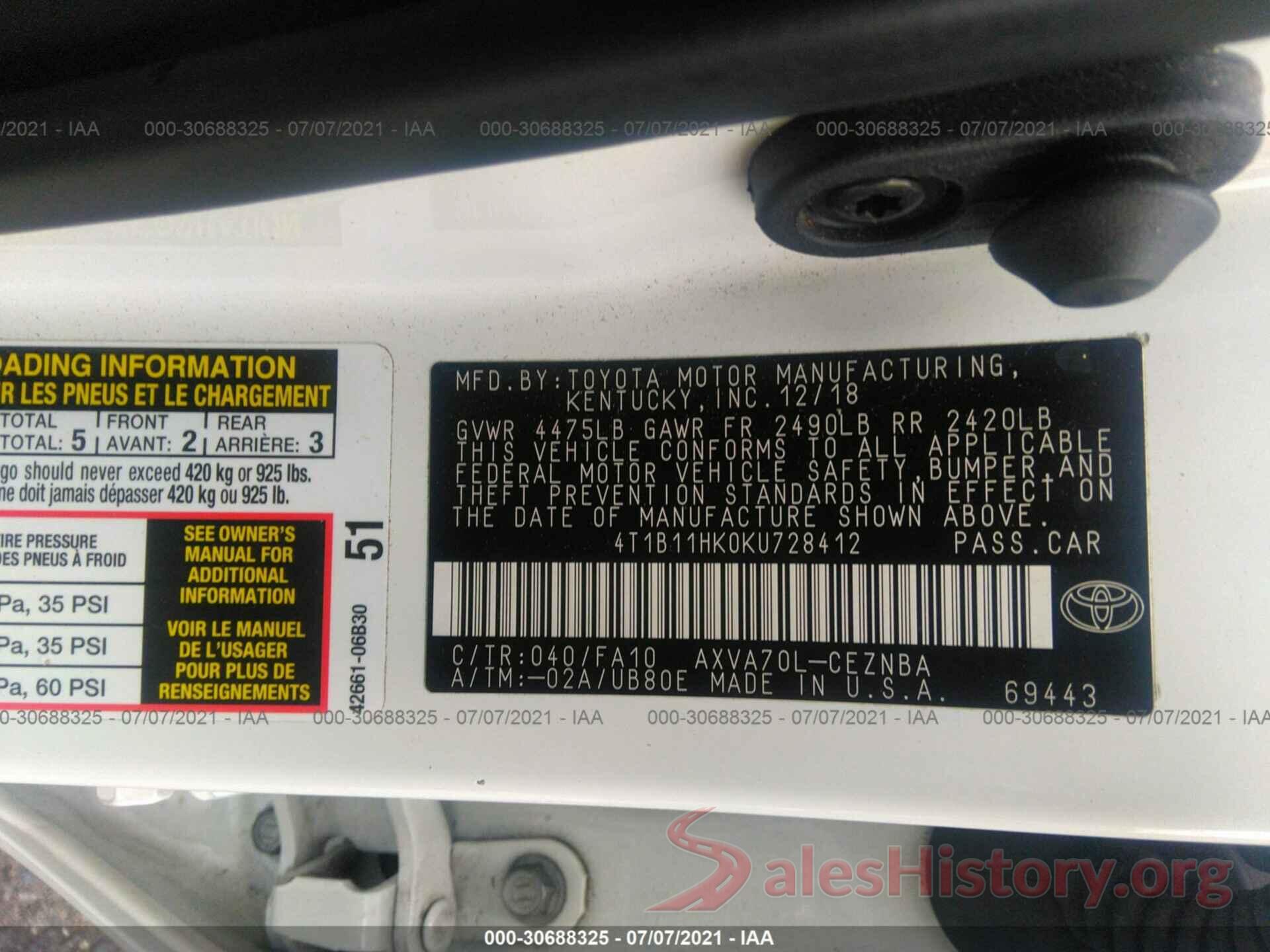 4T1B11HK0KU728412 2019 TOYOTA CAMRY