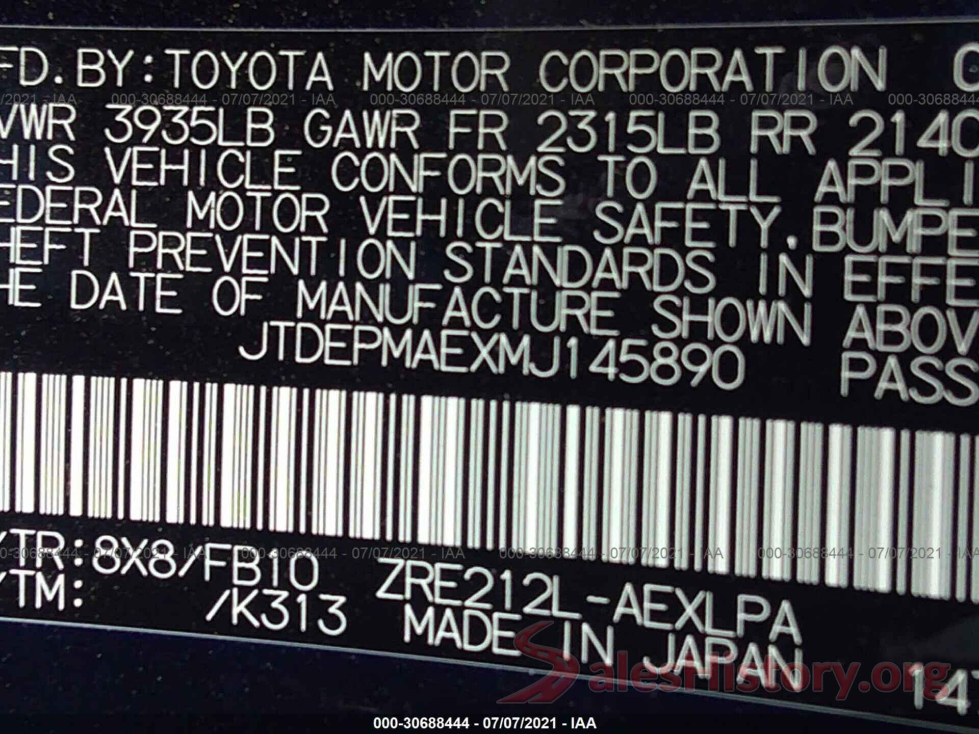 JTDEPMAEXMJ145890 2021 TOYOTA COROLLA