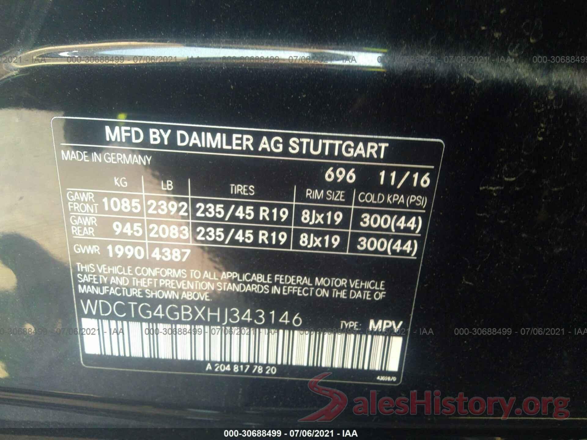 WDCTG4GBXHJ343146 2017 MERCEDES-BENZ GLA