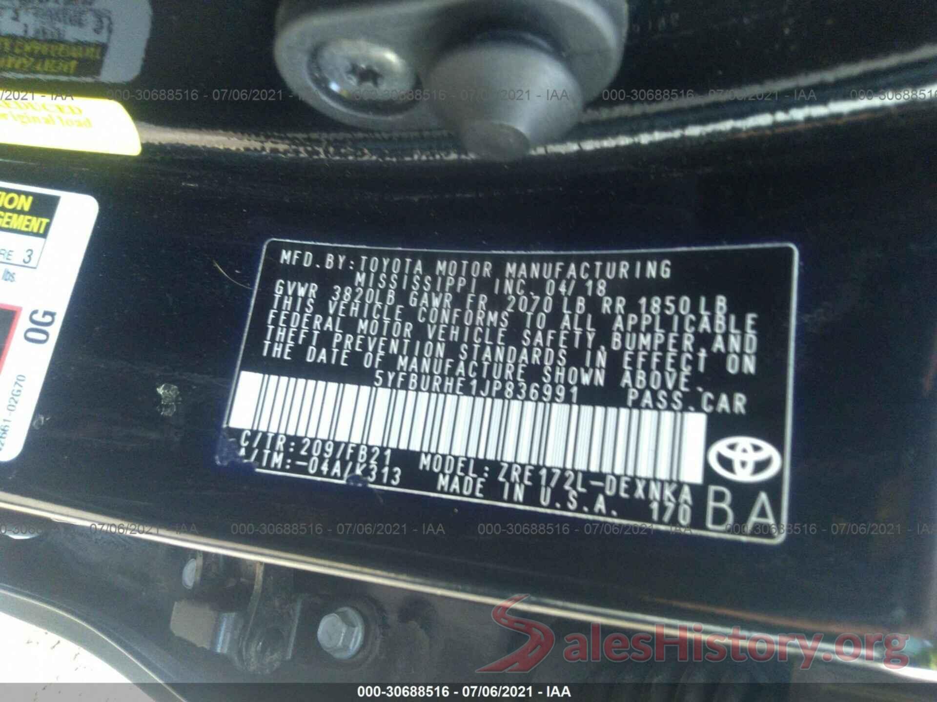 5YFBURHE1JP836991 2018 TOYOTA COROLLA