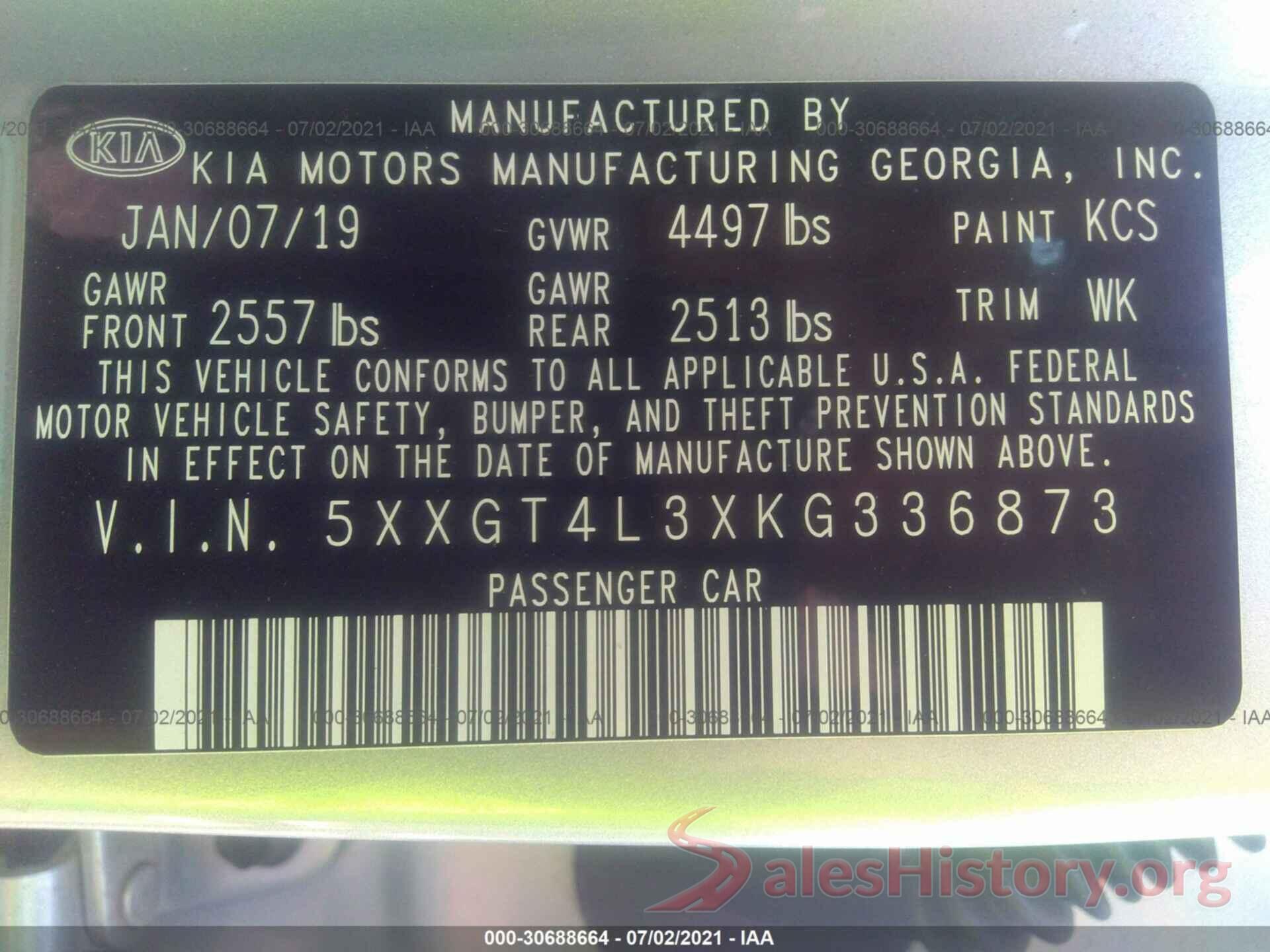 5XXGT4L3XKG336873 2019 KIA OPTIMA