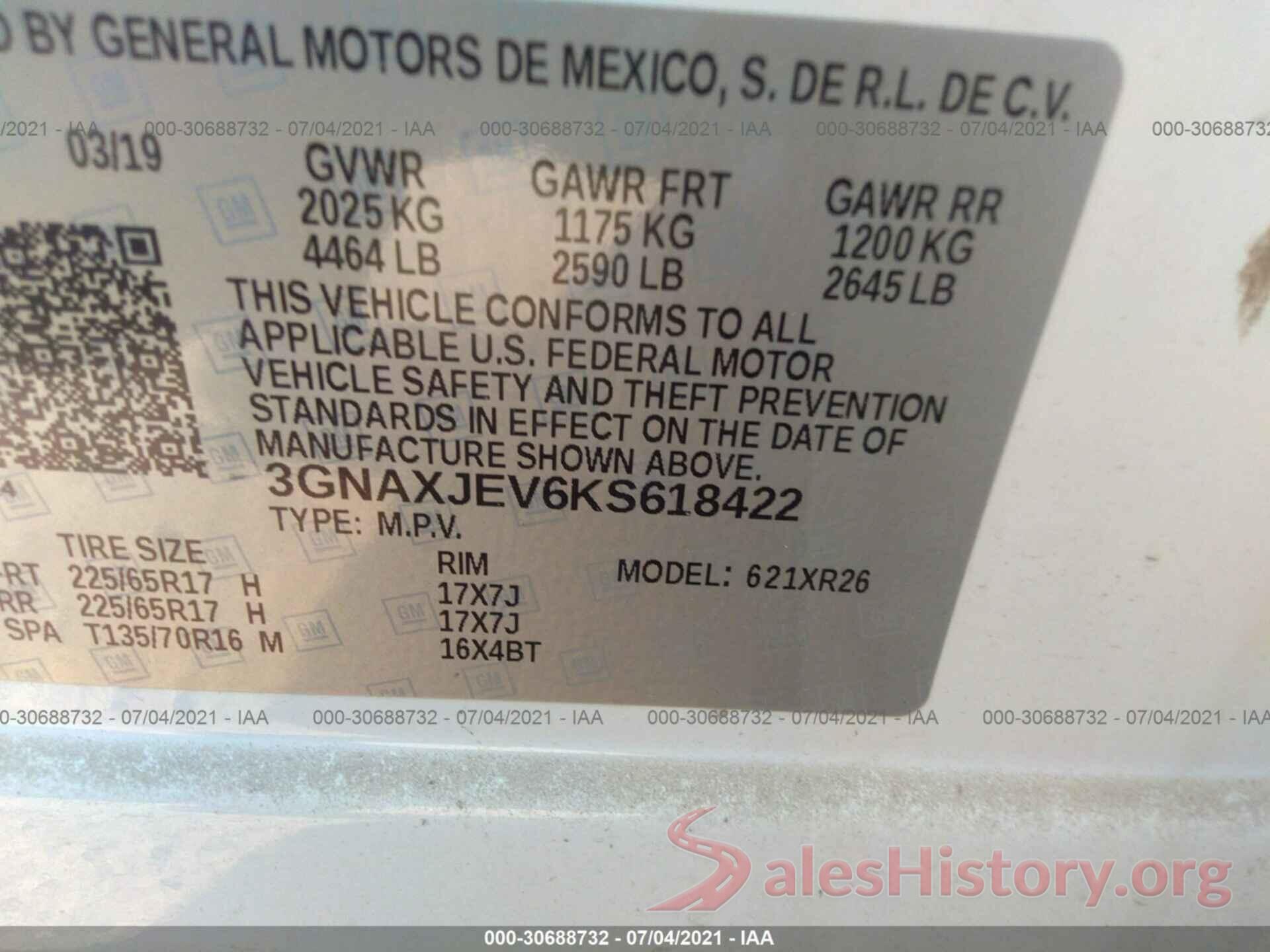 3GNAXJEV6KS618422 2019 CHEVROLET EQUINOX