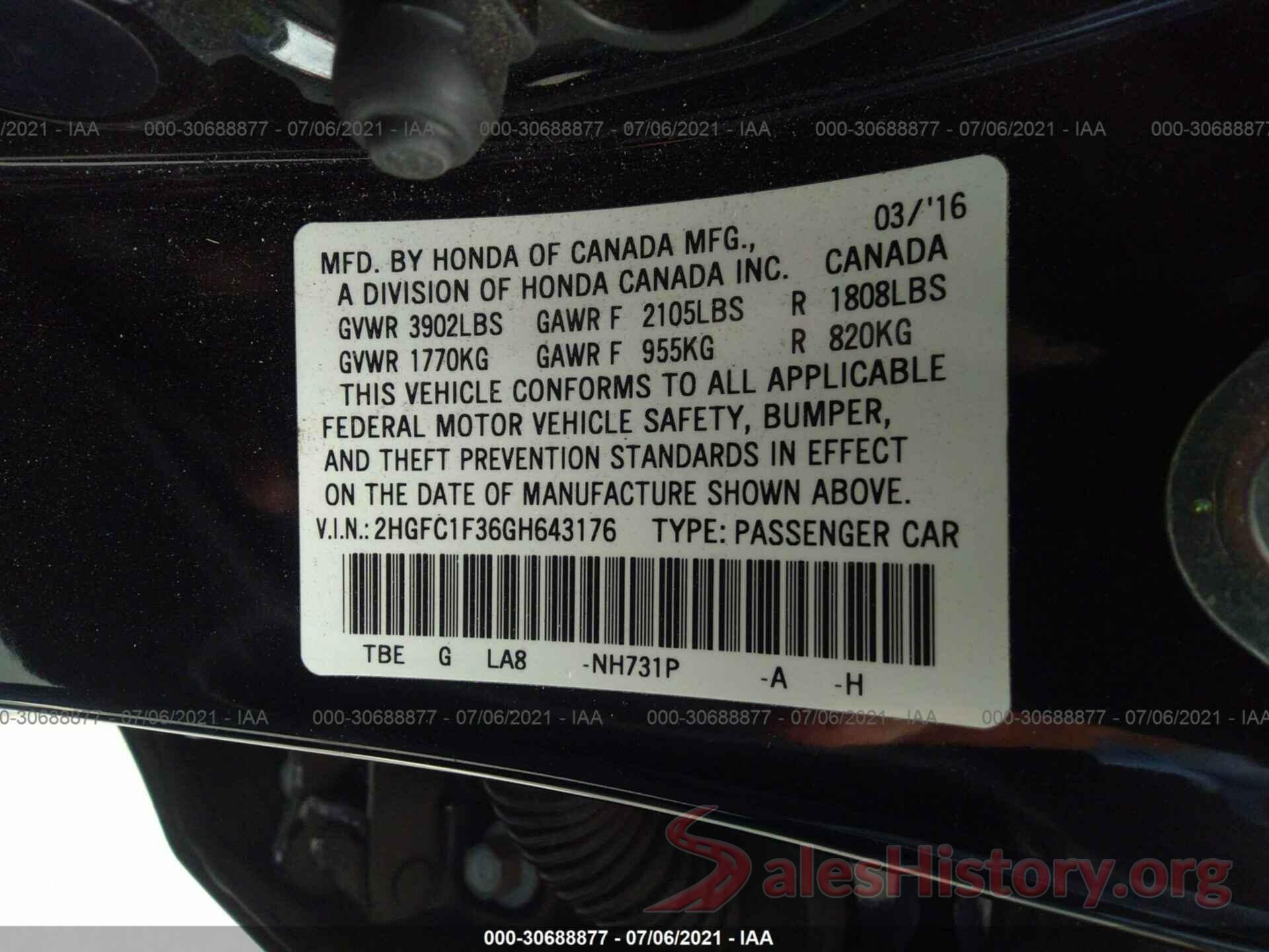 2HGFC1F36GH643176 2016 HONDA CIVIC SEDAN