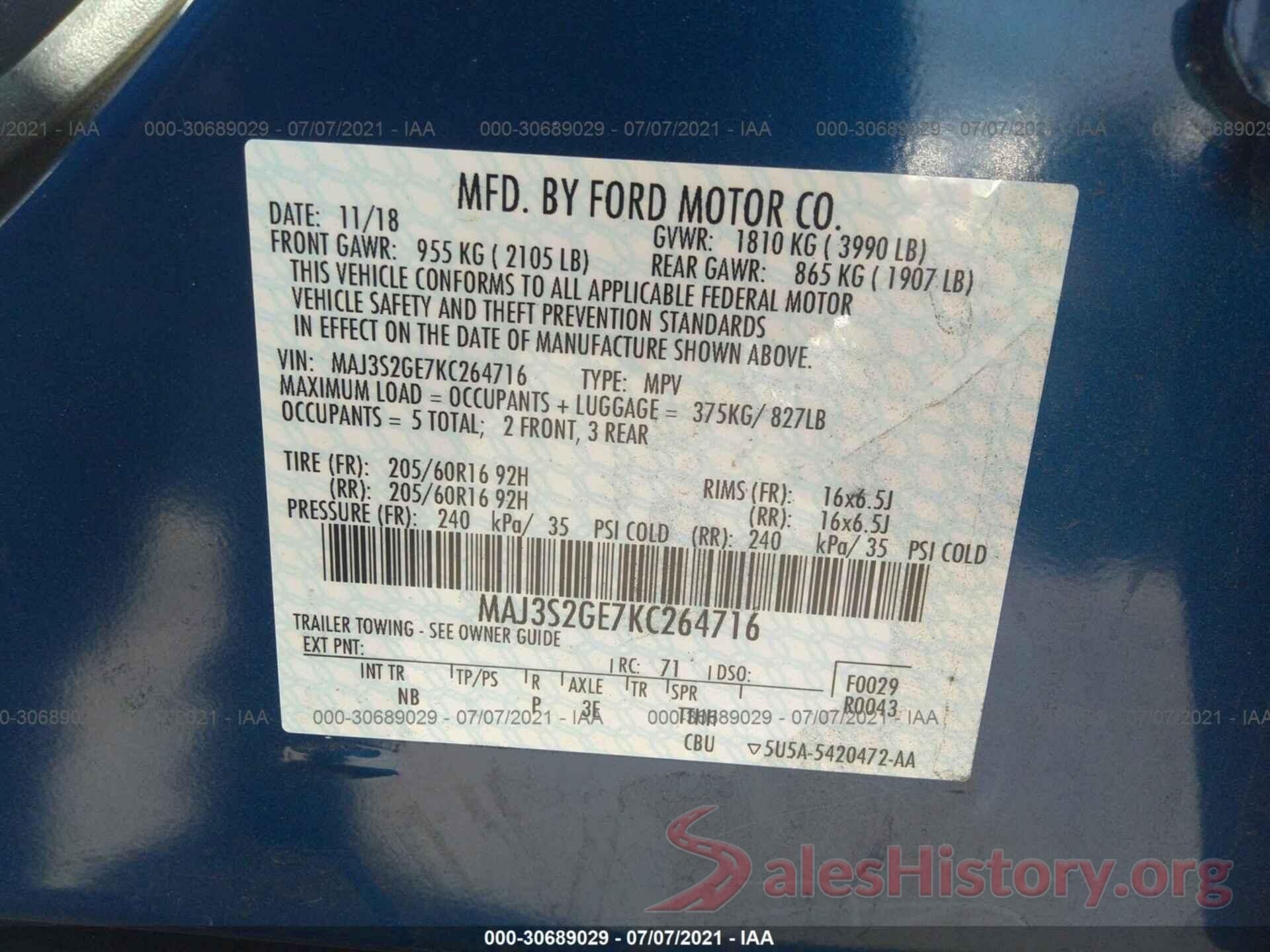 MAJ3S2GE7KC264716 2019 FORD ECOSPORT