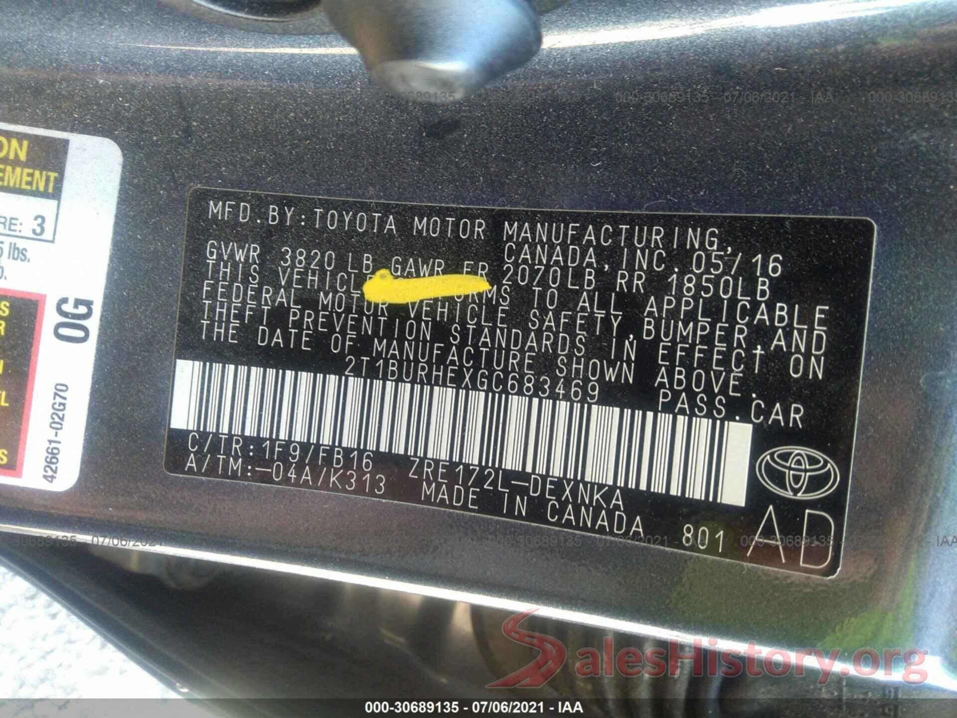 2T1BURHEXGC683469 2016 TOYOTA COROLLA